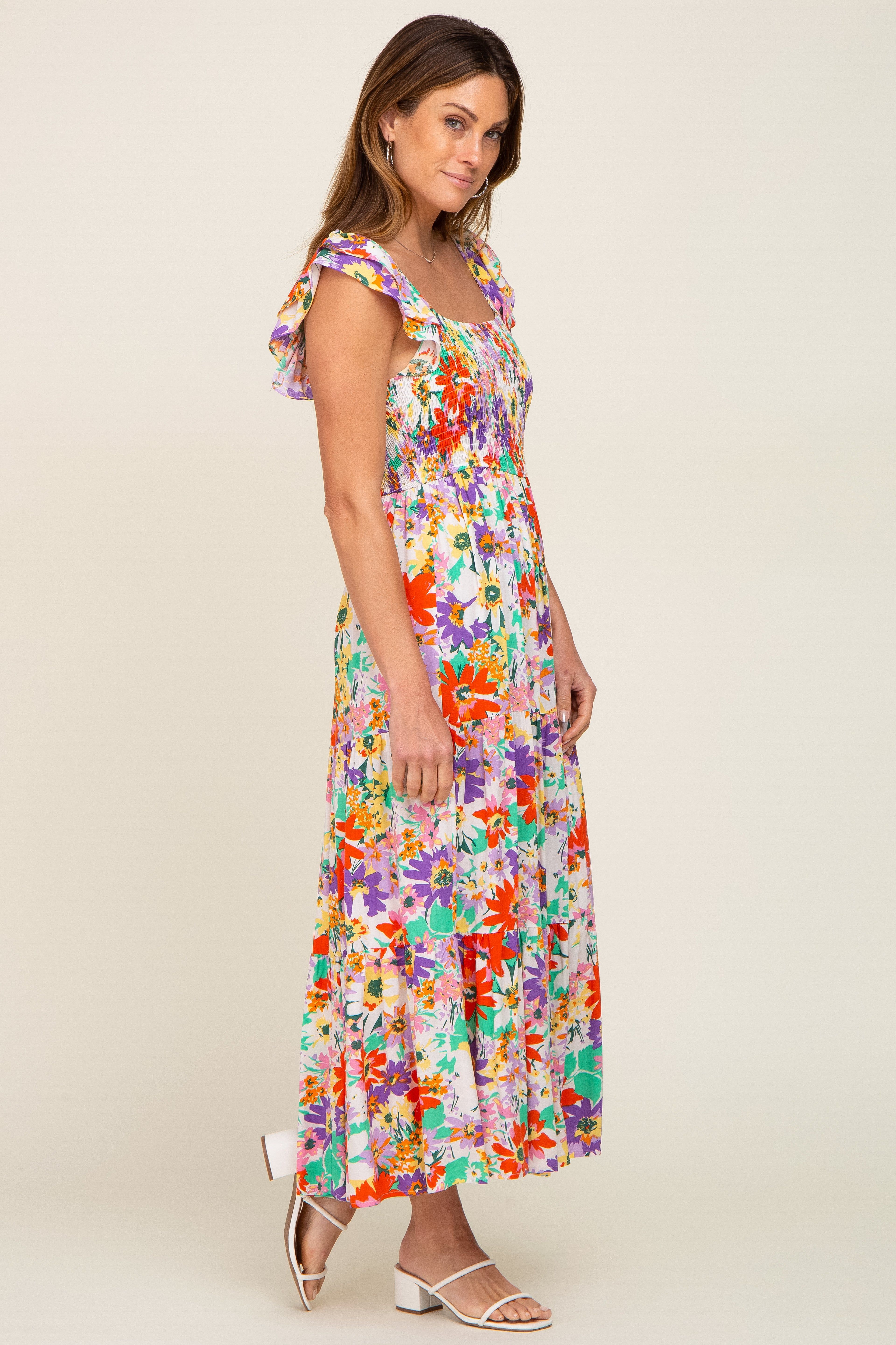 Ivory Floral Ruffle Strap Smocked Midi Dress sold by Pinkblush product image thumbnail 2