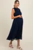 Navy Blue Chiffon Ruched Lettuce Edge Ruffle Maternity Midi Dress sold by Pinkblush