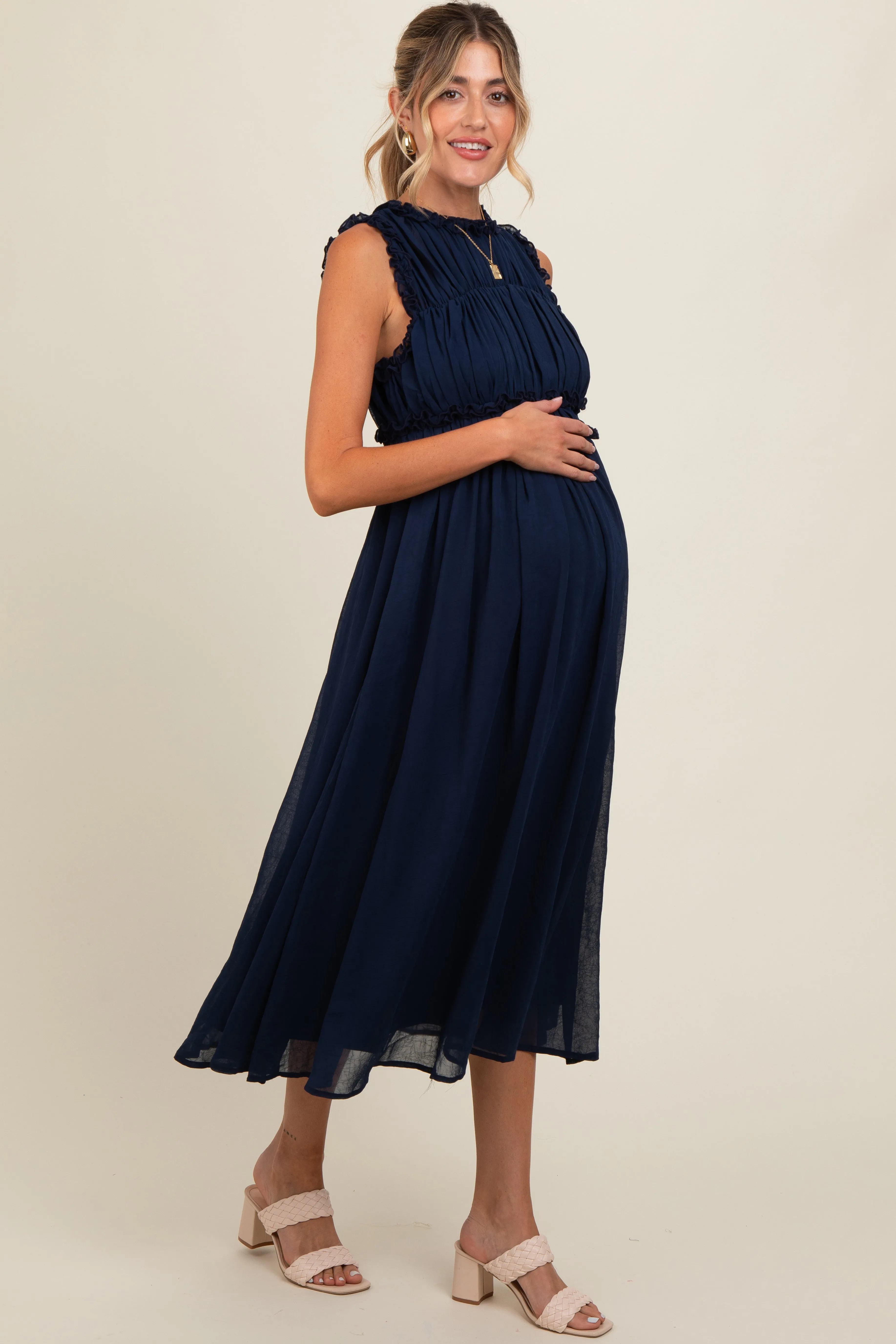 Navy Blue Chiffon Ruched Lettuce Edge Ruffle Maternity Midi Dress sold by Pinkblush product image thumbnail 3