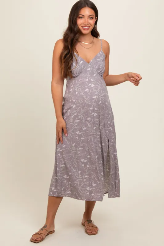 Lavender Floral V-Neck Side Slit Maternity Midi Dress sold by Pinkblush
