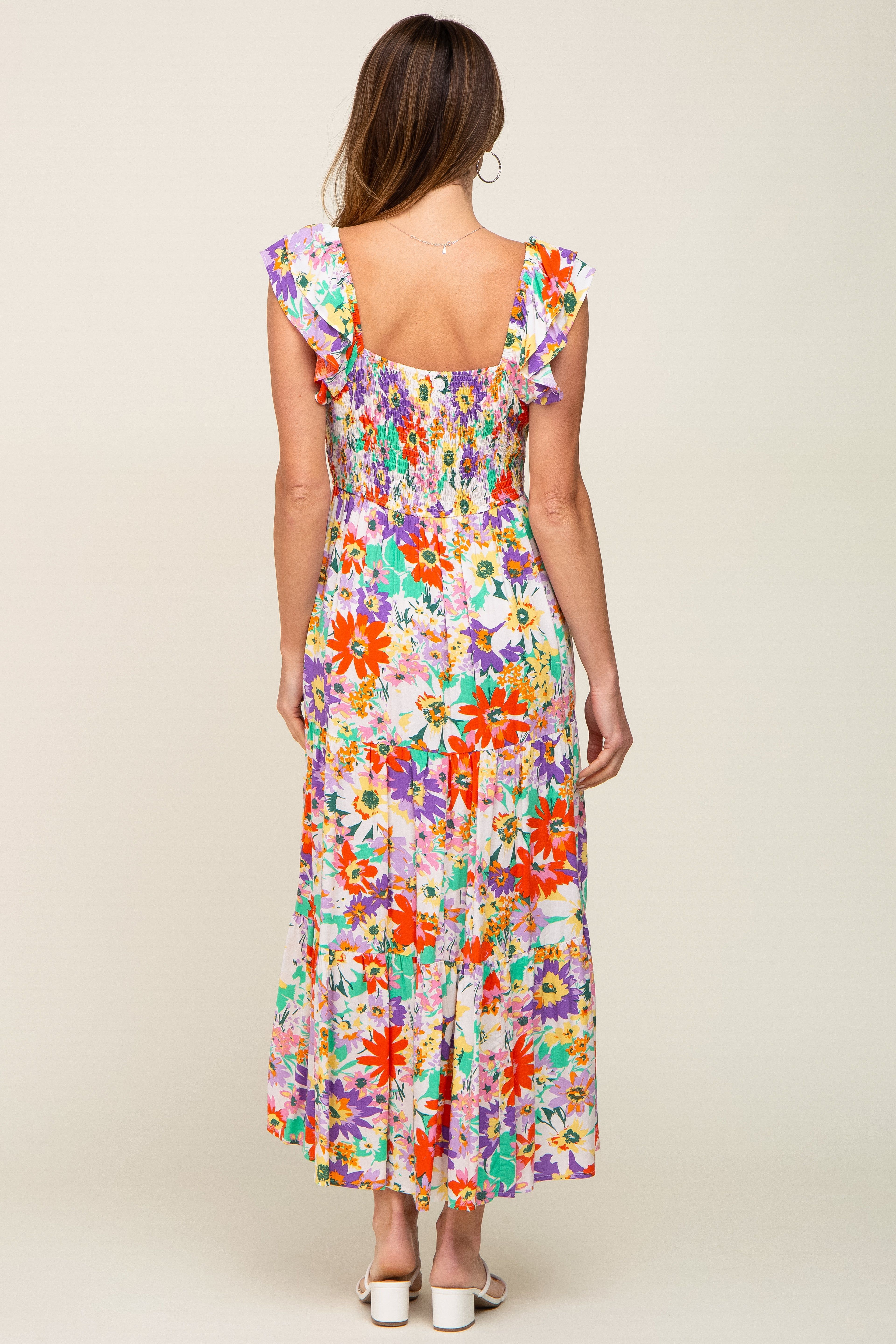 Ivory Floral Ruffle Strap Smocked Midi Dress sold by Pinkblush product image thumbnail 3