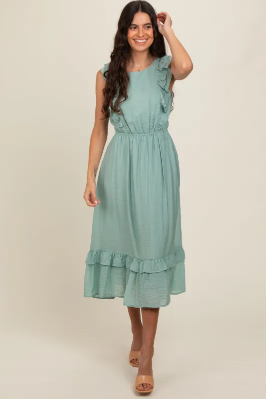 Jade Texture Ruffle Accent Midi Dress sold by Pinkblush