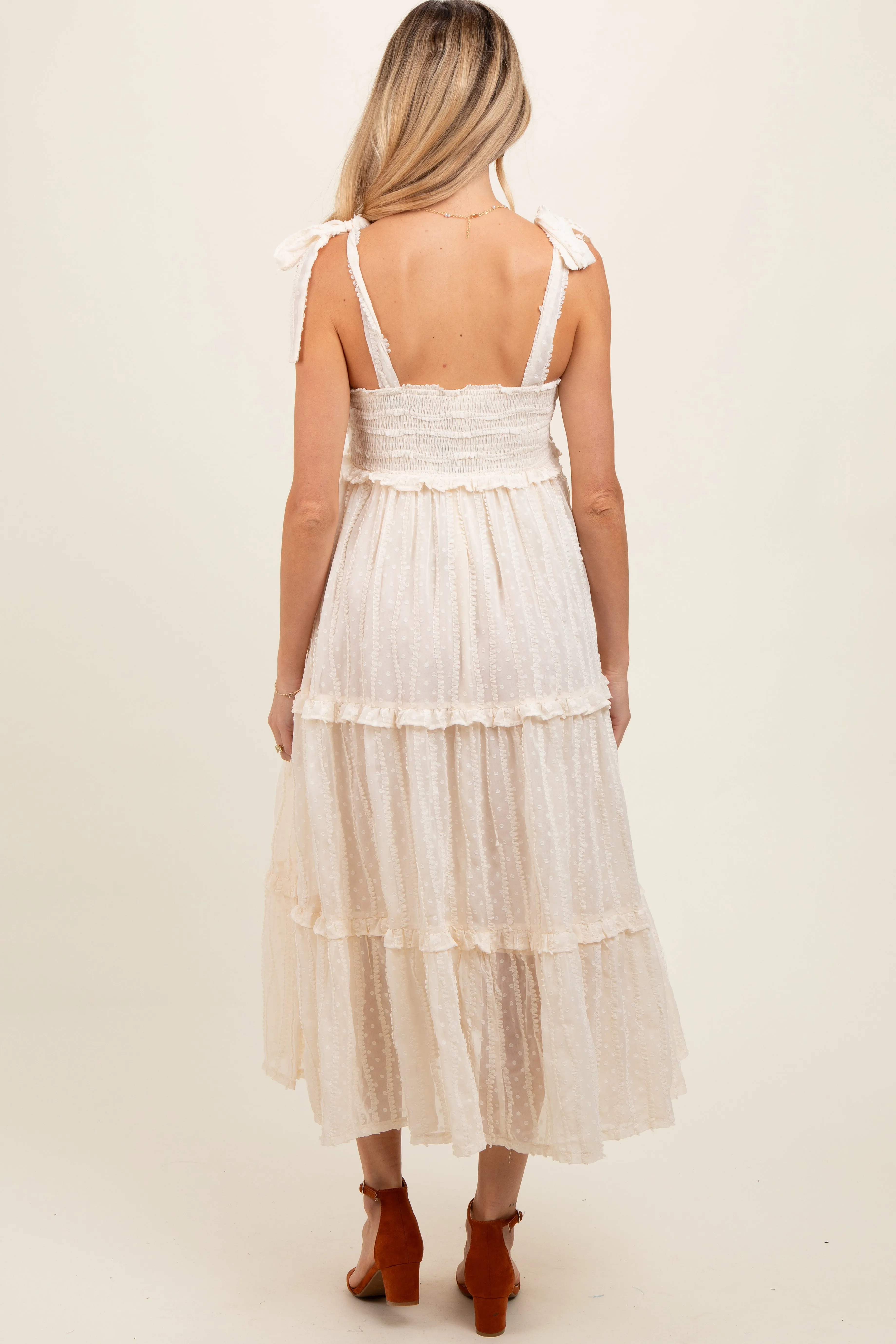 Cream Textured Tie Strap Tiered Maternity Midi Dress sold by Pinkblush product image thumbnail 4