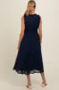 Navy Blue Chiffon Ruched Lettuce Edge Ruffle Maternity Midi Dress sold by Pinkblush