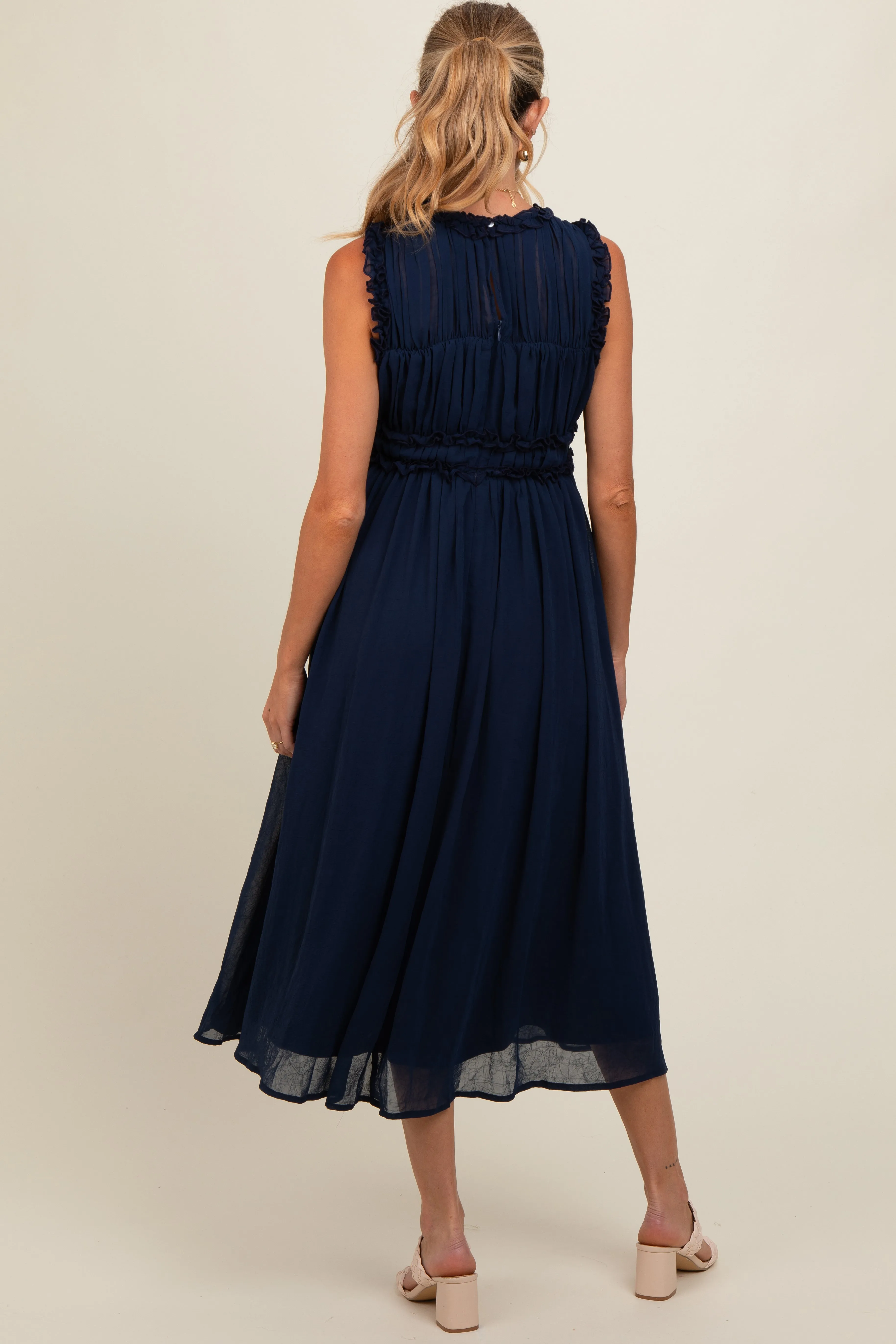 Navy Blue Chiffon Ruched Lettuce Edge Ruffle Maternity Midi Dress sold by Pinkblush product image thumbnail 4