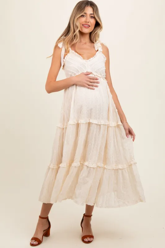 Cream Textured Tie Strap Tiered Maternity Midi Dress sold by Pinkblush