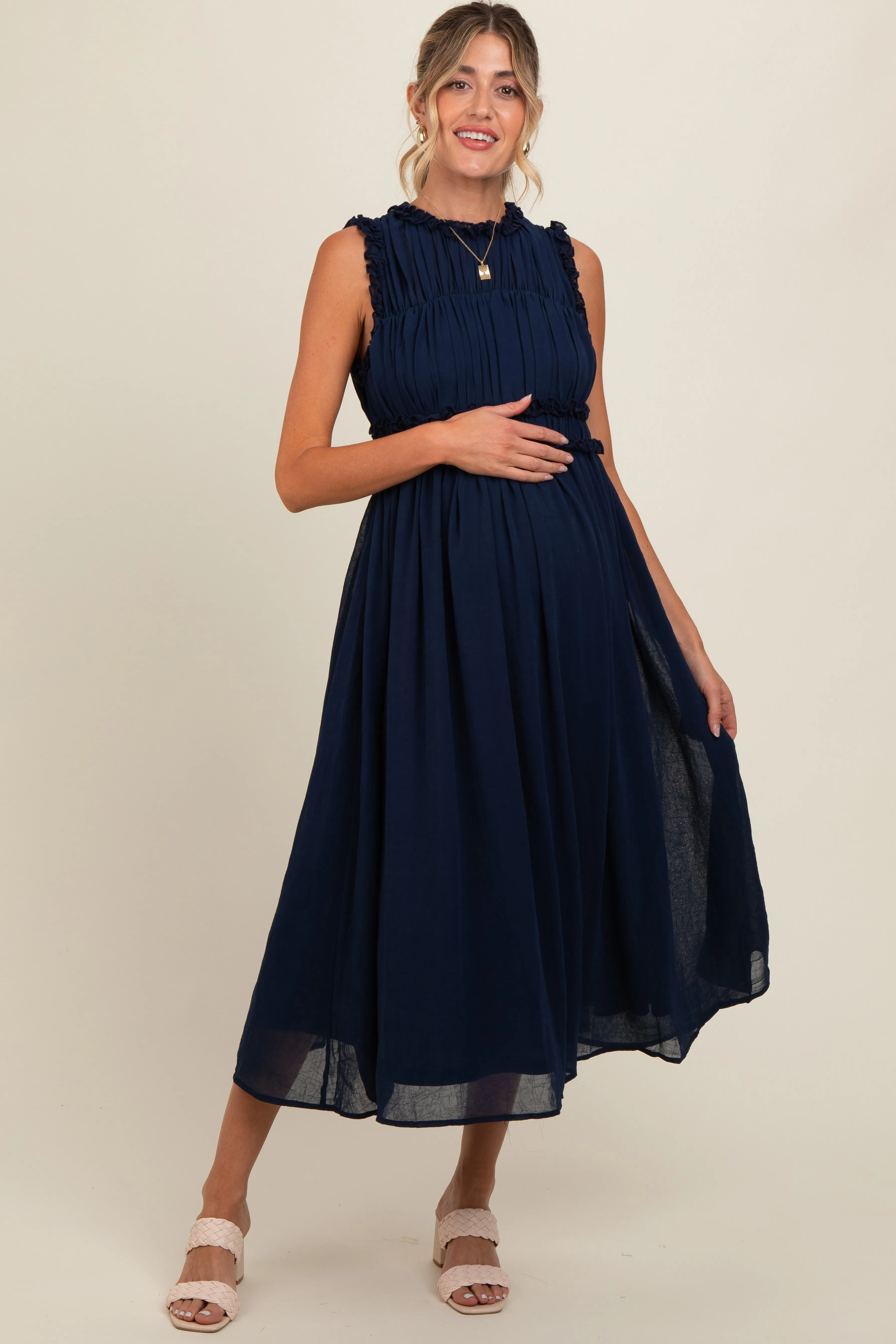 Navy Blue Chiffon Ruched Lettuce Edge Ruffle Maternity Midi Dress sold by Pinkblush