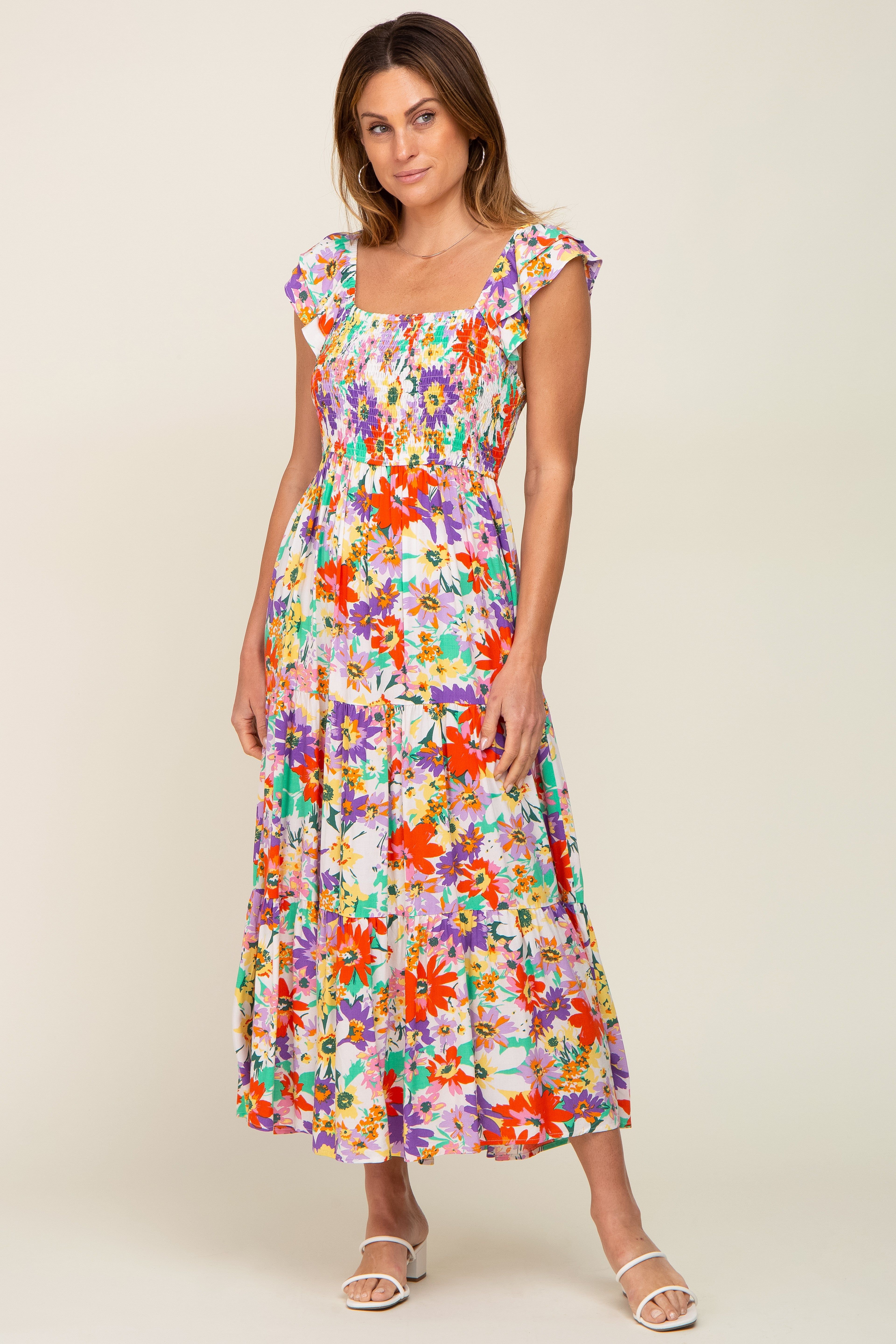 Ivory Floral Ruffle Strap Smocked Midi Dress sold by Pinkblush product image thumbnail 4