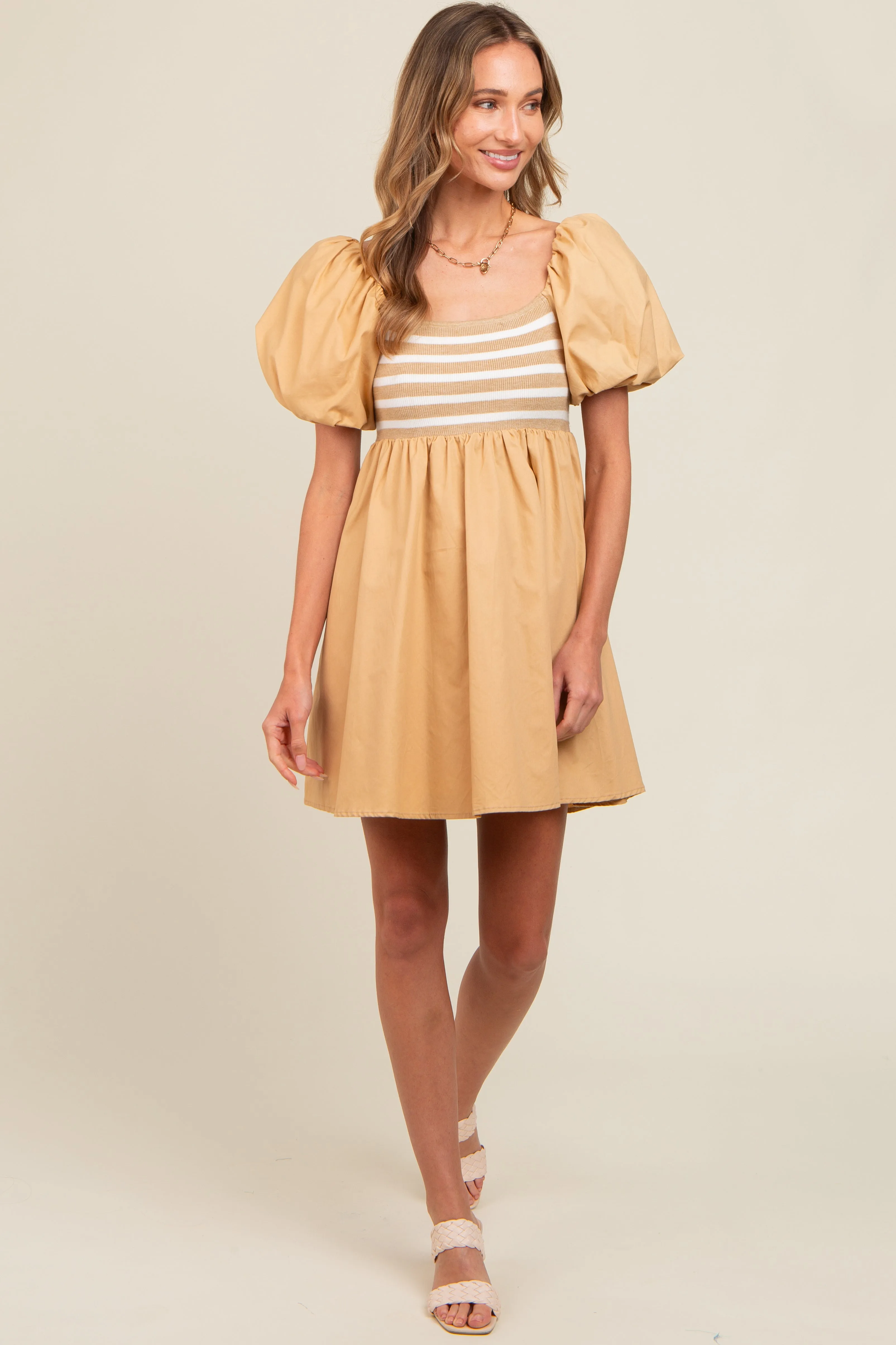Beige Knit Contrast Poplin Dress sold by Pinkblush