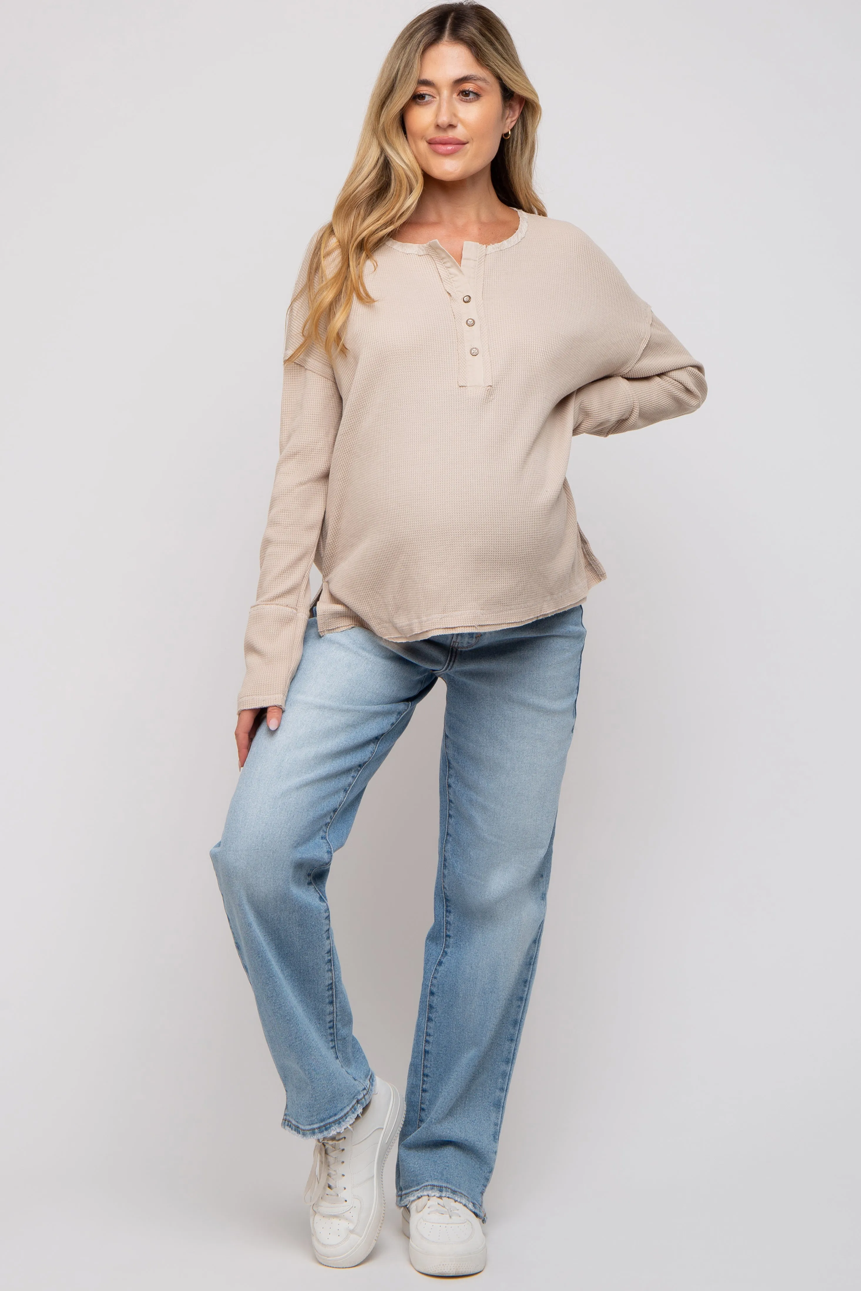 Beige Waffle Knit Maternity Henley Top sold by Pinkblush