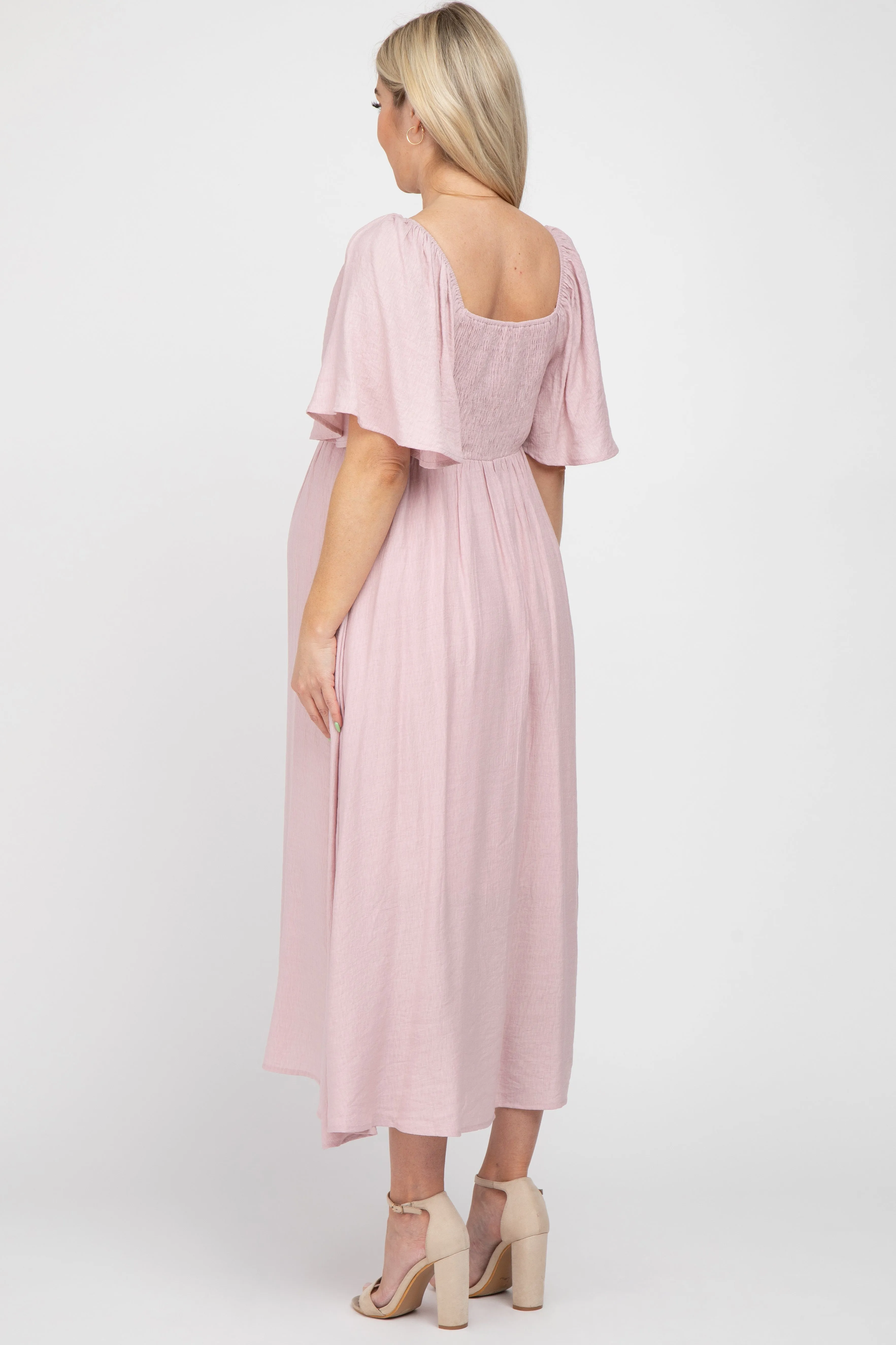 Light Pink Front Tie Ruffle Sleeve Maternity Midi Dress sold by Pinkblush product image thumbnail 3