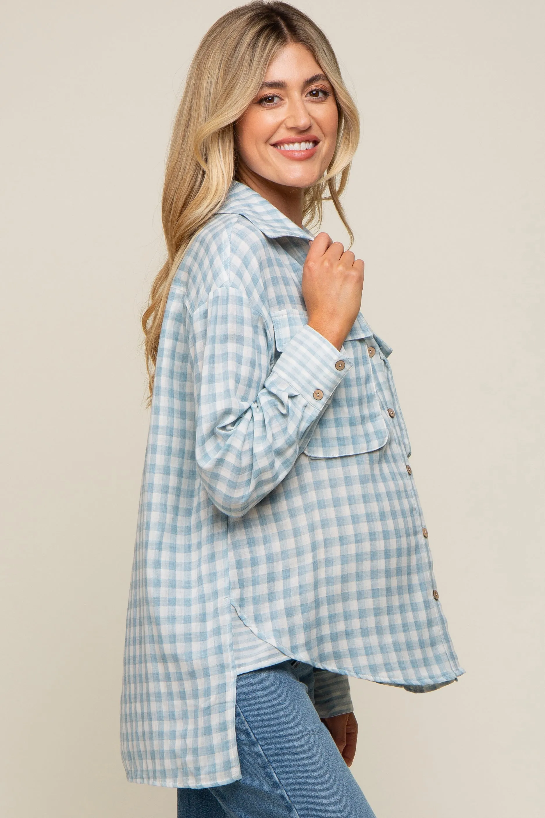 Light Blue Plaid Front Pocket Hi-Low Maternity Top sold by Pinkblush product image thumbnail 3