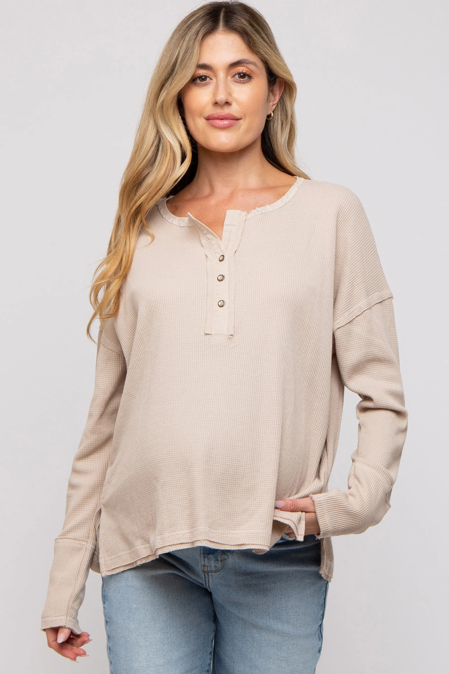 Beige Waffle Knit Maternity Henley Top sold by Pinkblush product image thumbnail 2