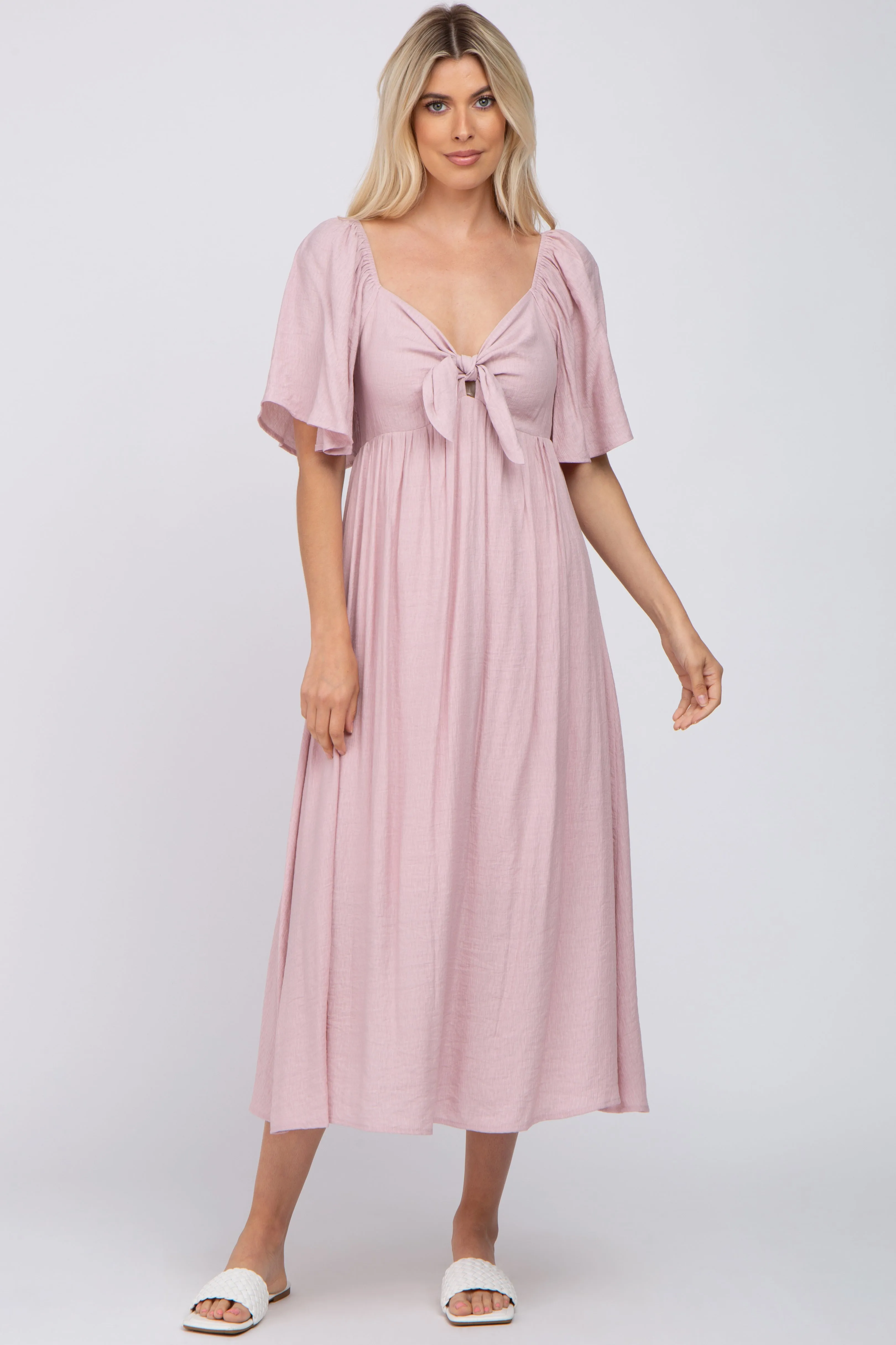 Light Pink Front Tie Ruffle Sleeve Maternity Midi Dress sold by Pinkblush product image thumbnail 4