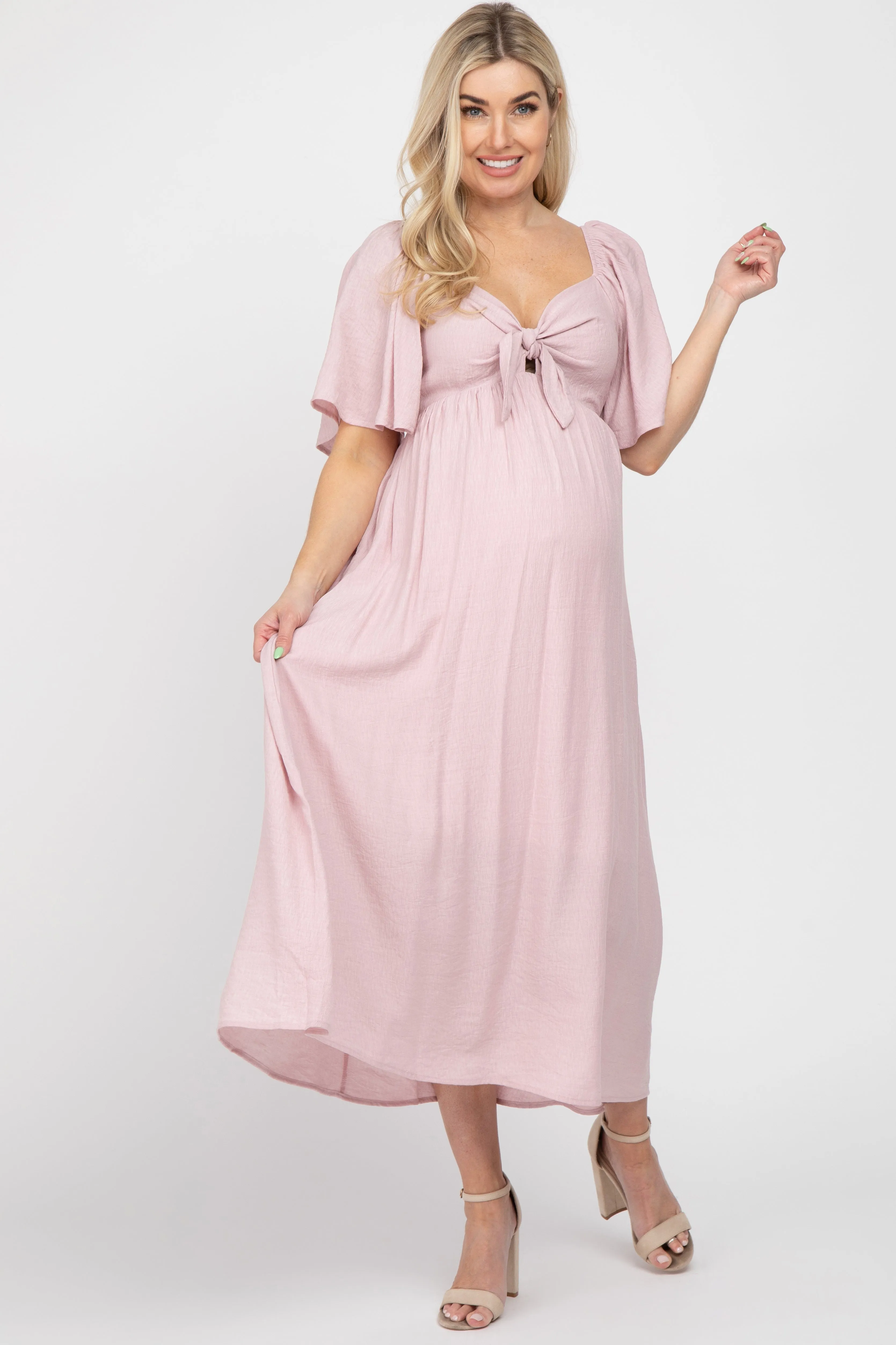 Light Pink Front Tie Ruffle Sleeve Maternity Midi Dress sold by Pinkblush