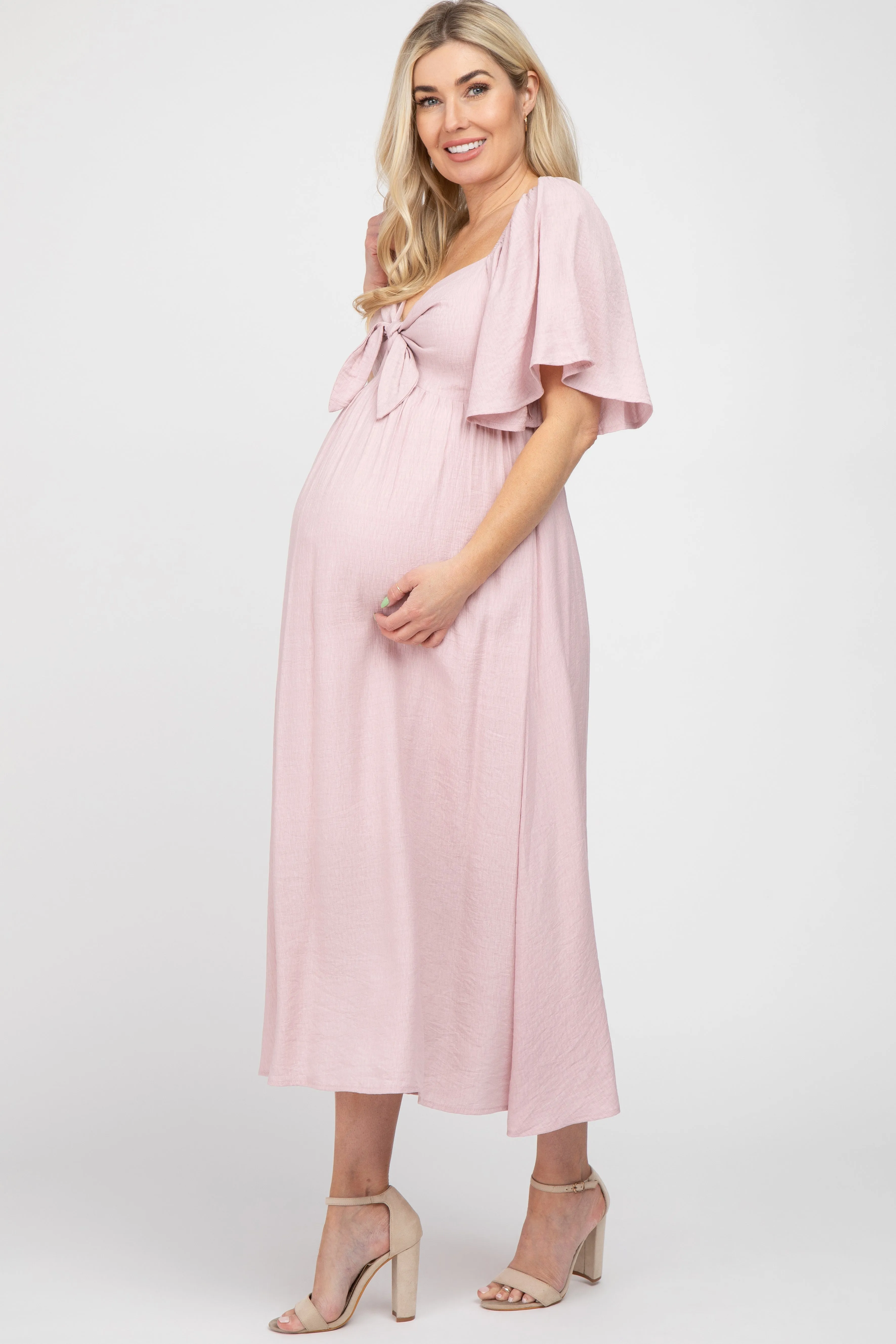 Light Pink Front Tie Ruffle Sleeve Maternity Midi Dress sold by Pinkblush product image thumbnail 2