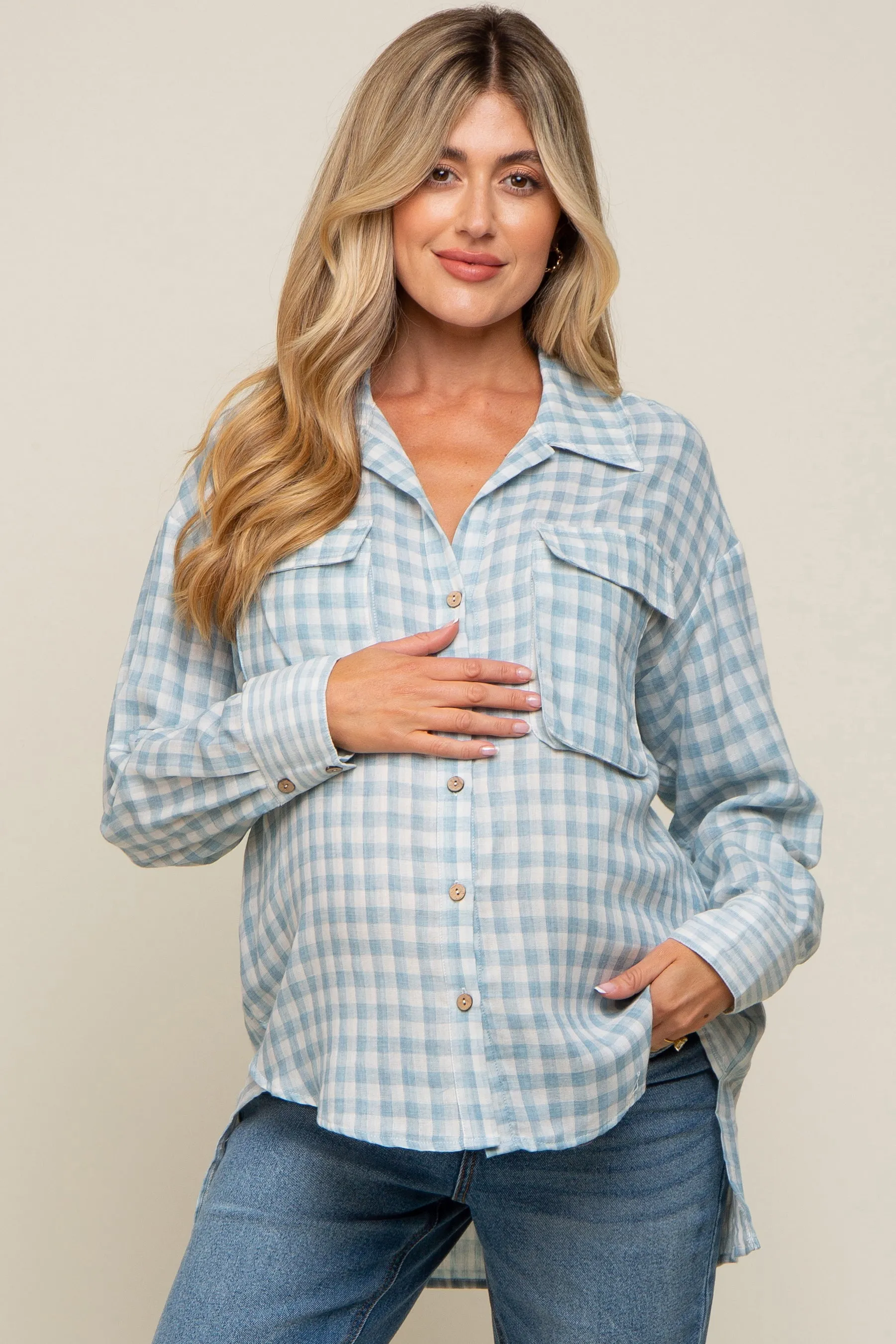 Light Blue Plaid Front Pocket Hi-Low Maternity Top sold by Pinkblush product image thumbnail 2