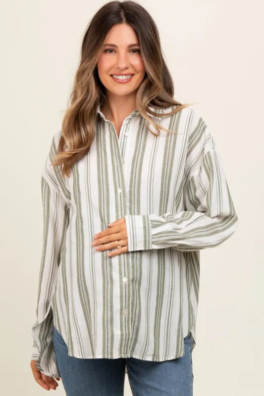 Olive Yarn Dye Stripe Button Down Maternity Top sold by Pinkblush