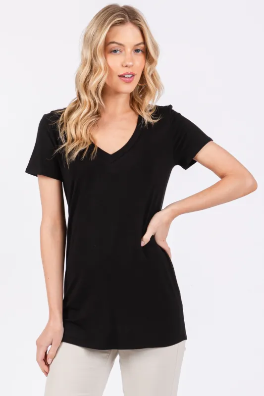 Black V-Neck Short Sleeve Top sold by Pinkblush