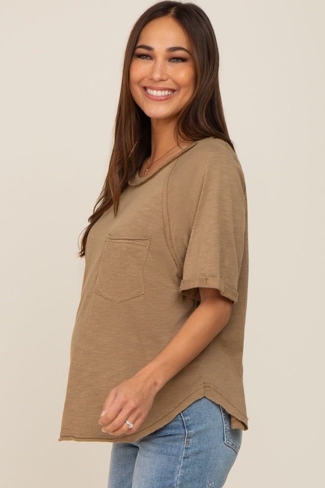 Mocha Front Pocket Raw Edge Trim Short Sleeve Maternity Top sold by Pinkblush product image thumbnail 2