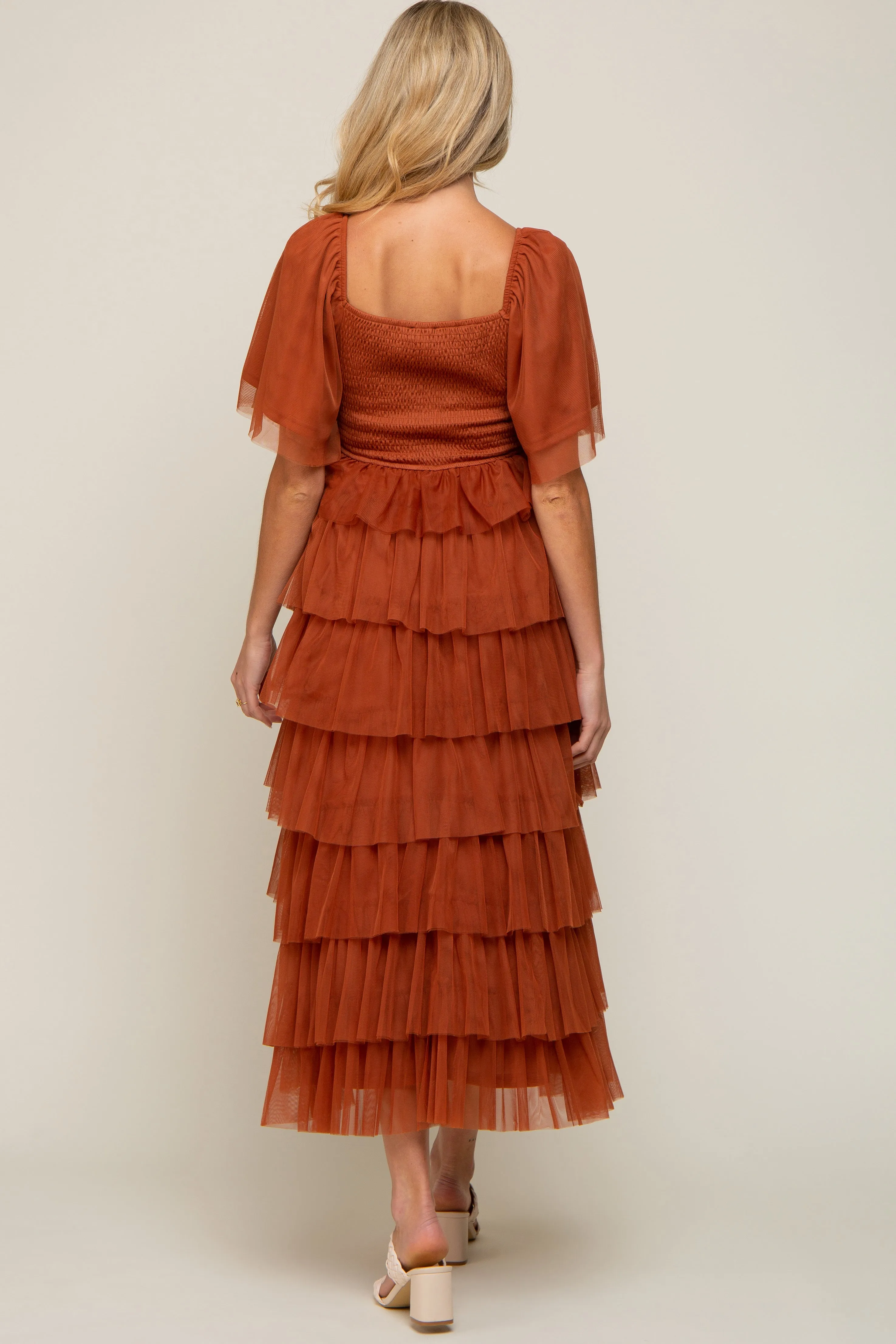 Camel Tulle Smocked Square Neck Tiered Maternity Midi Dress sold by Pinkblush product image thumbnail 3