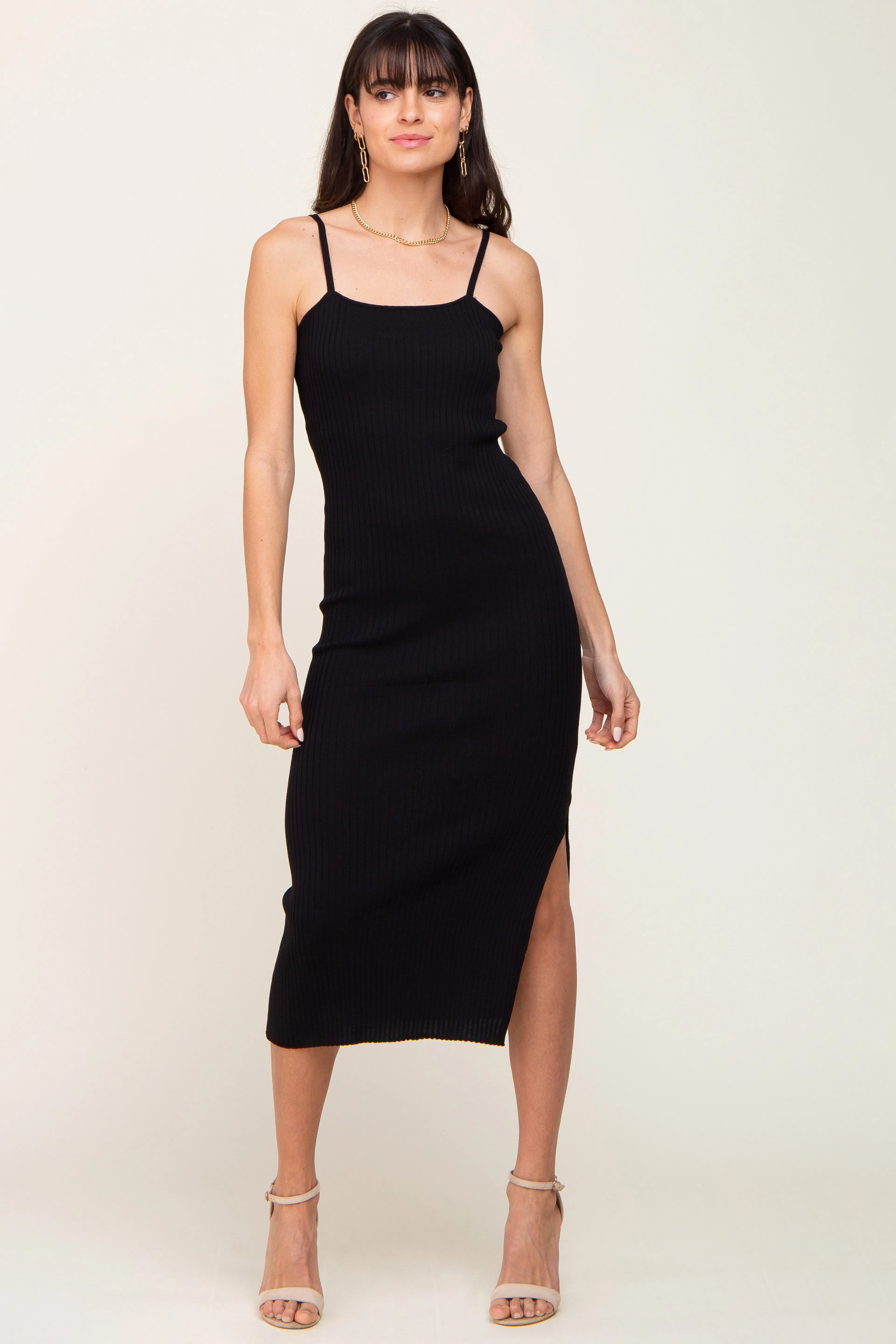 Black Ribbed Knit Side Slit Maternity Midi Dress sold by Pinkblush product image thumbnail 5