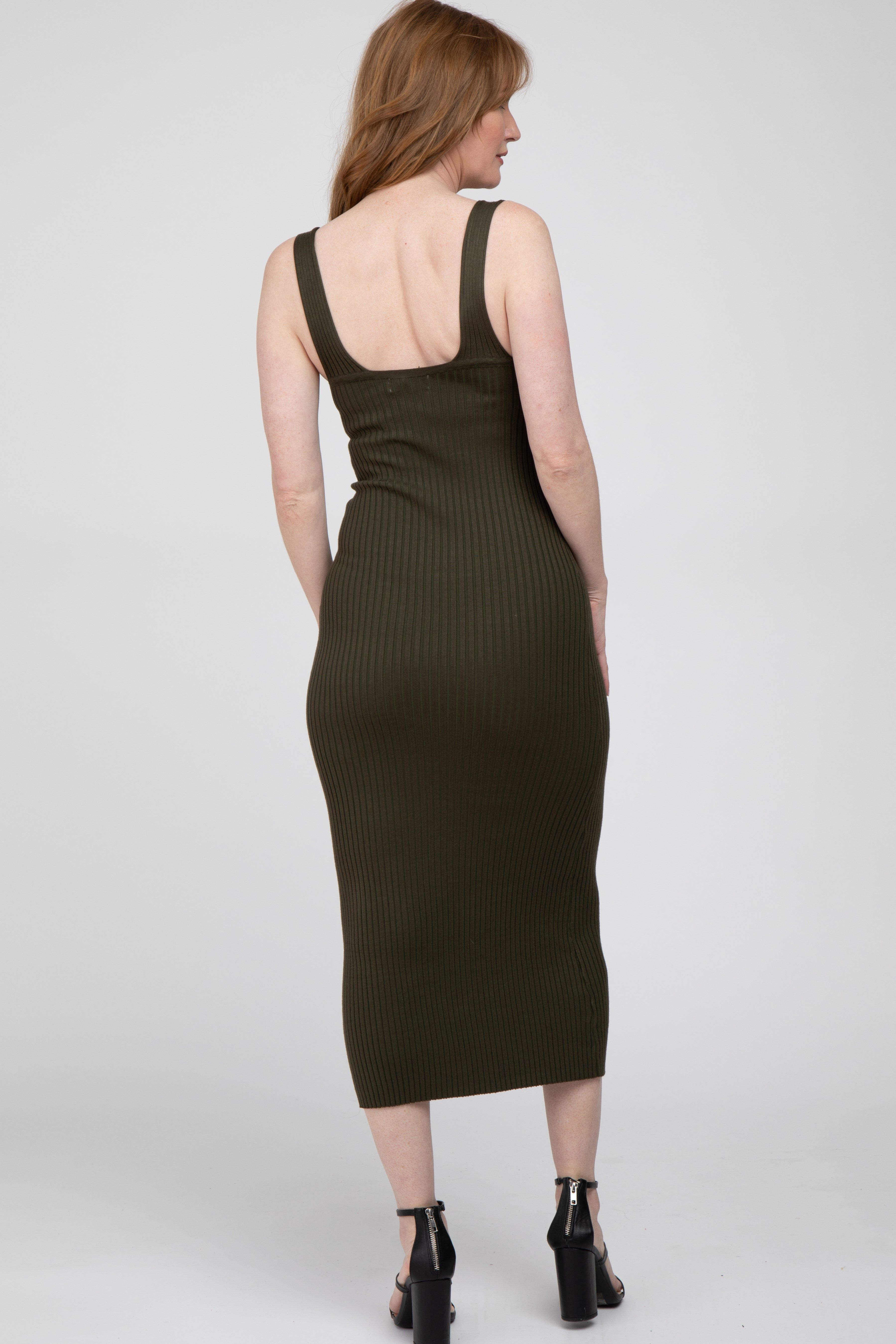 Olive Ribbed Sleeveless Knit Midi Dress sold by Pinkblush product image thumbnail 3