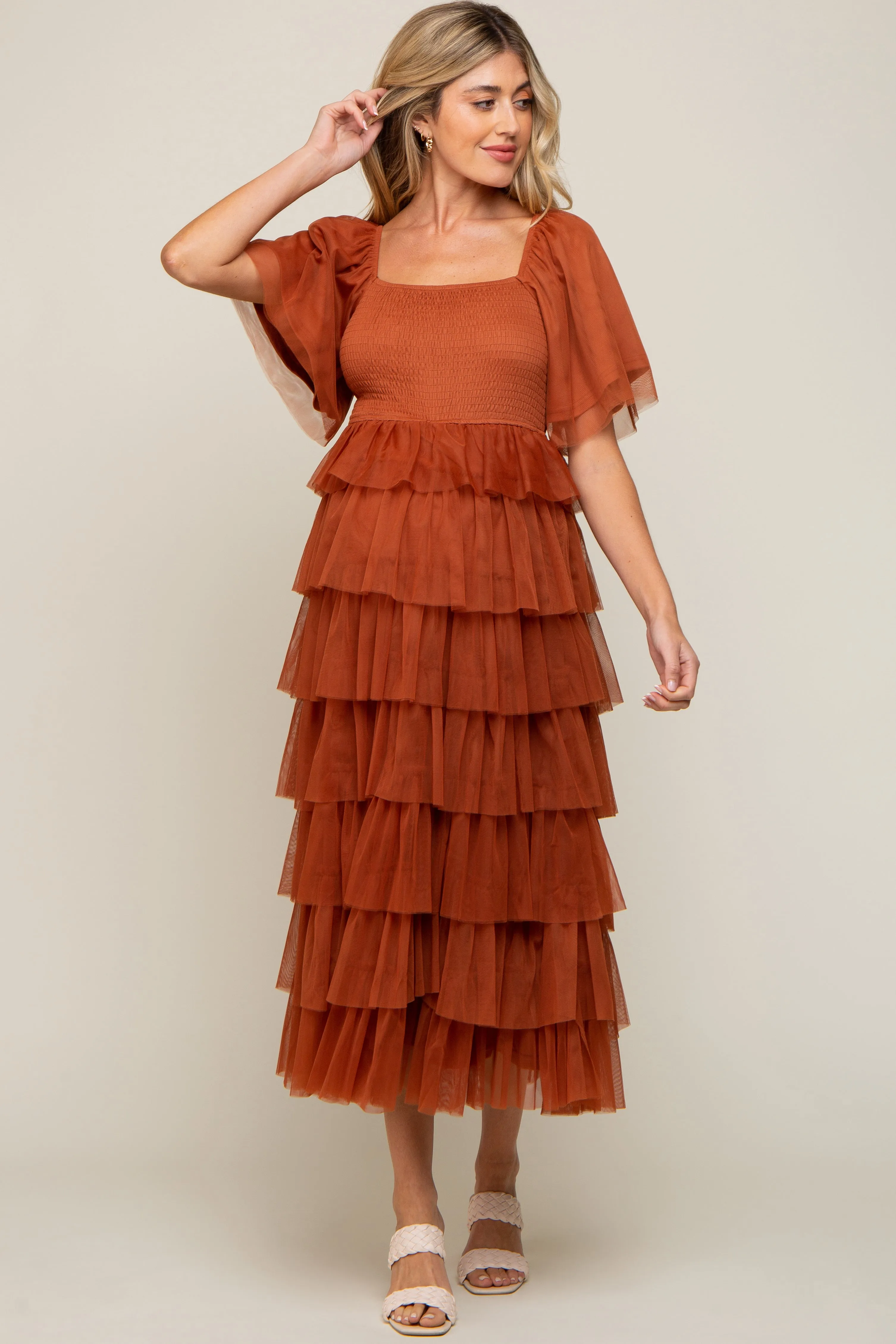 Camel Tulle Smocked Square Neck Tiered Maternity Midi Dress sold by Pinkblush product image thumbnail 4