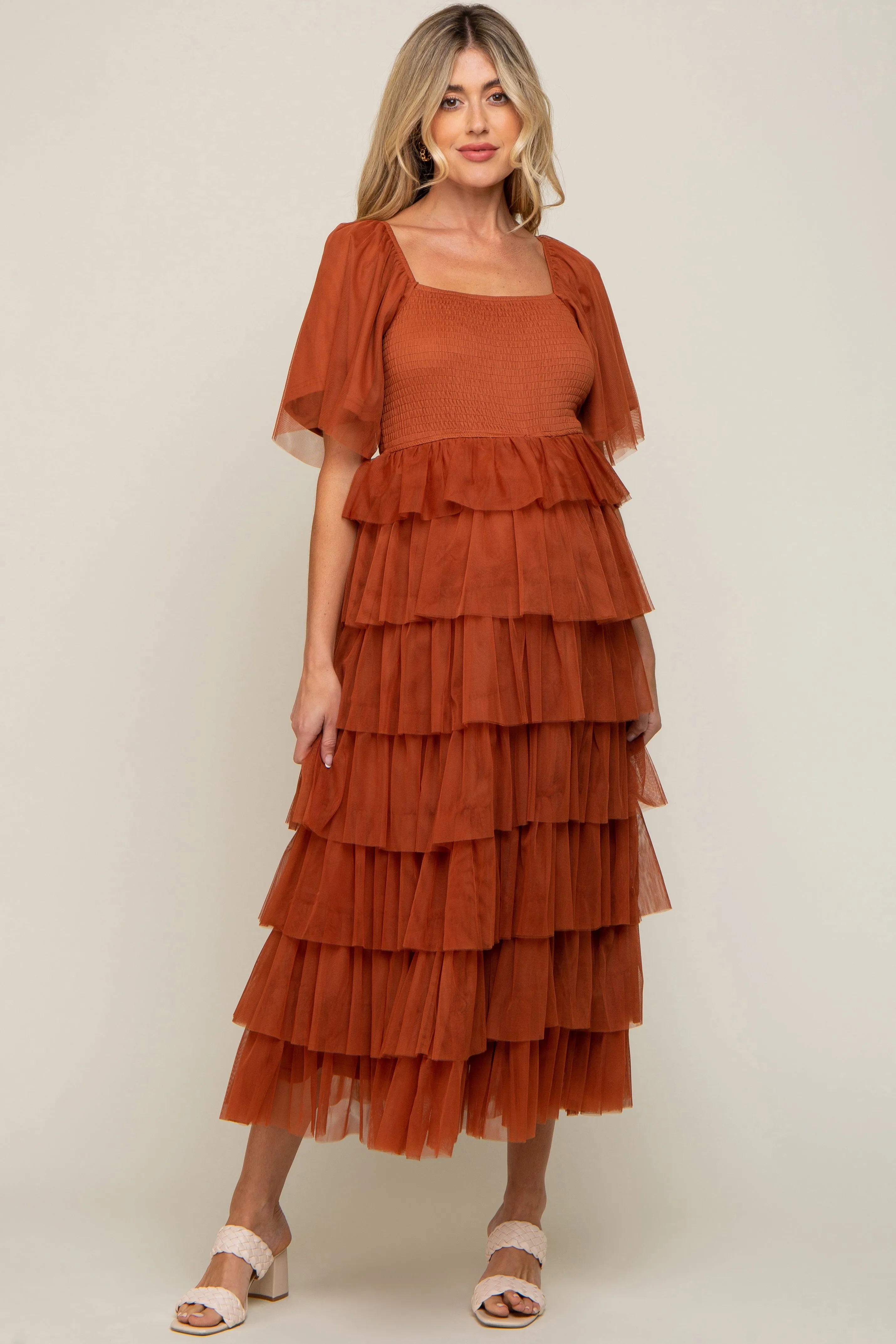Camel Tulle Smocked Square Neck Tiered Maternity Midi Dress sold by Pinkblush