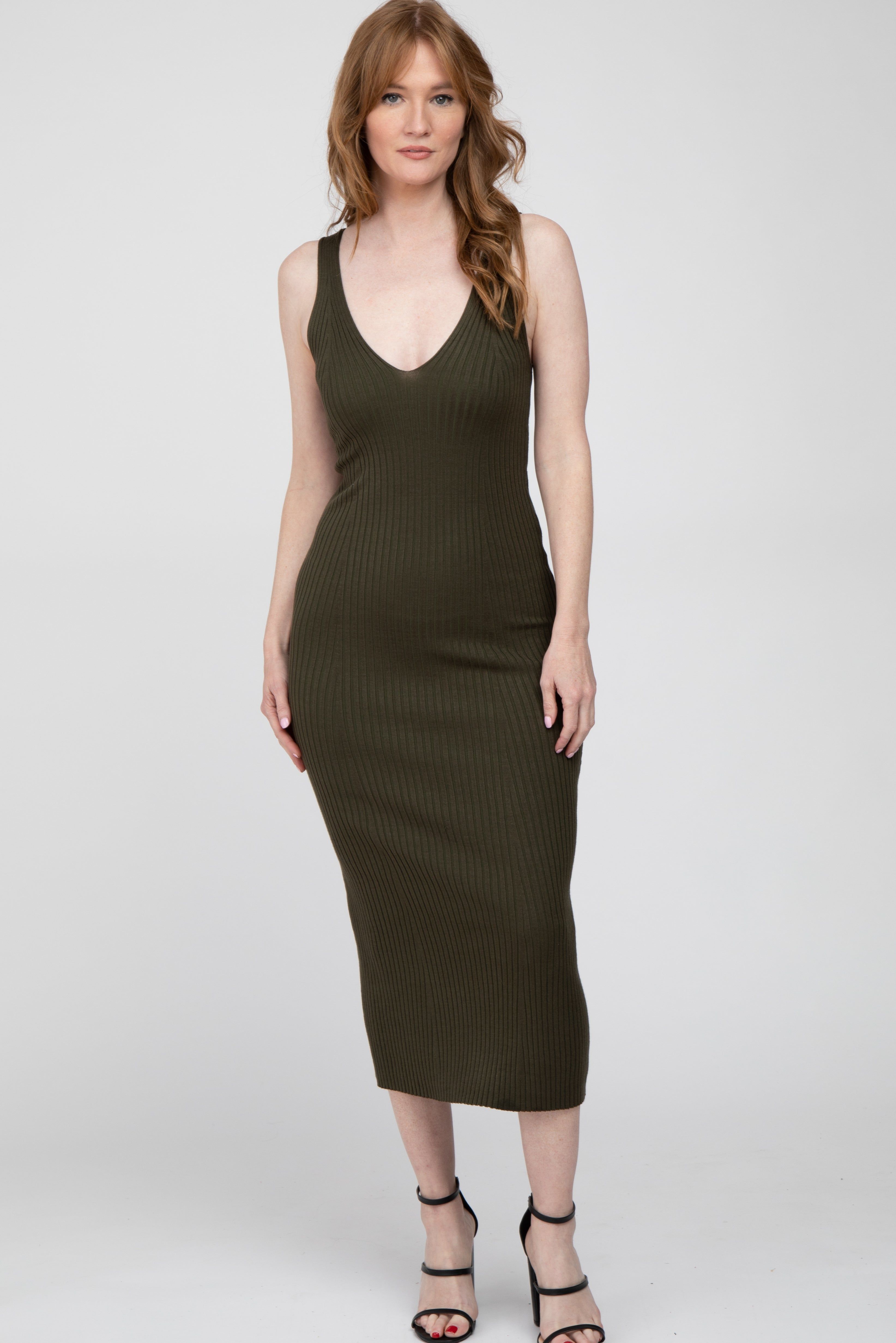 Olive Ribbed Sleeveless Knit Midi Dress sold by Pinkblush