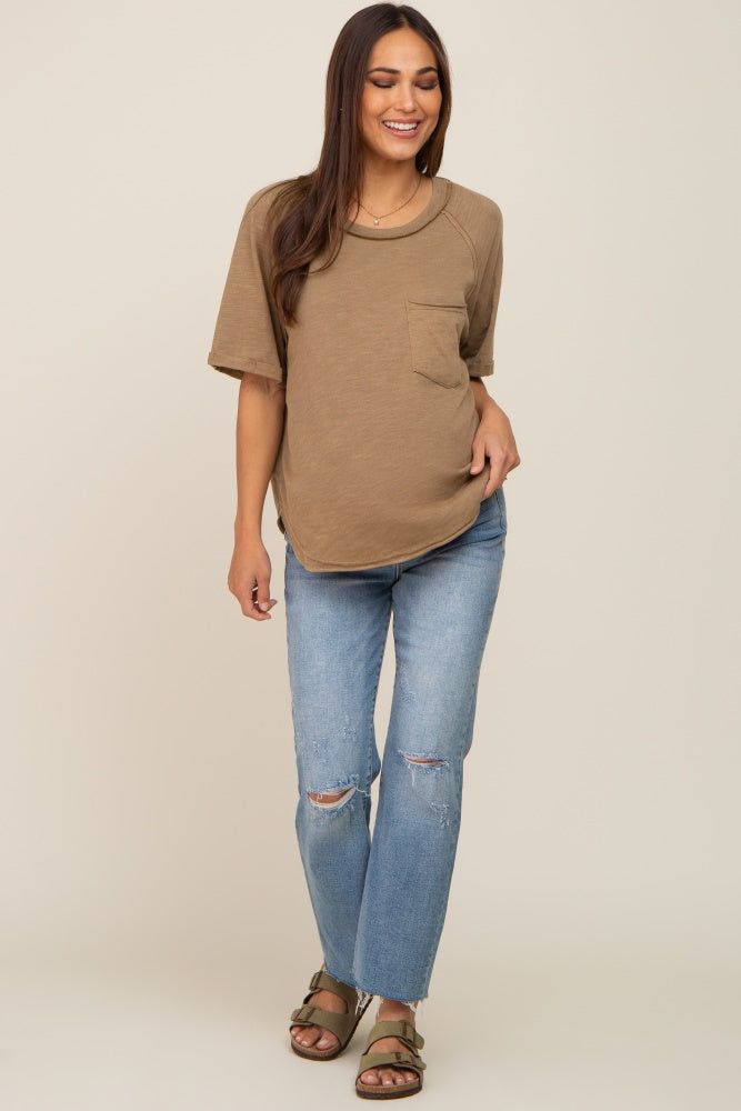Mocha Front Pocket Raw Edge Trim Short Sleeve Maternity Top sold by Pinkblush product image thumbnail 4