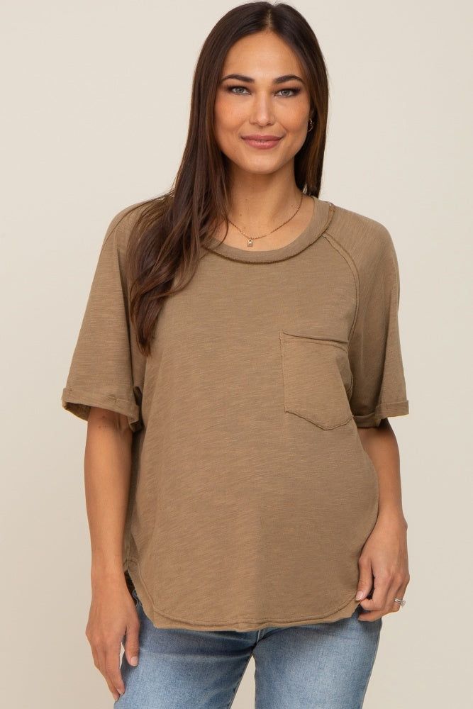Mocha Front Pocket Raw Edge Trim Short Sleeve Maternity Top sold by Pinkblush