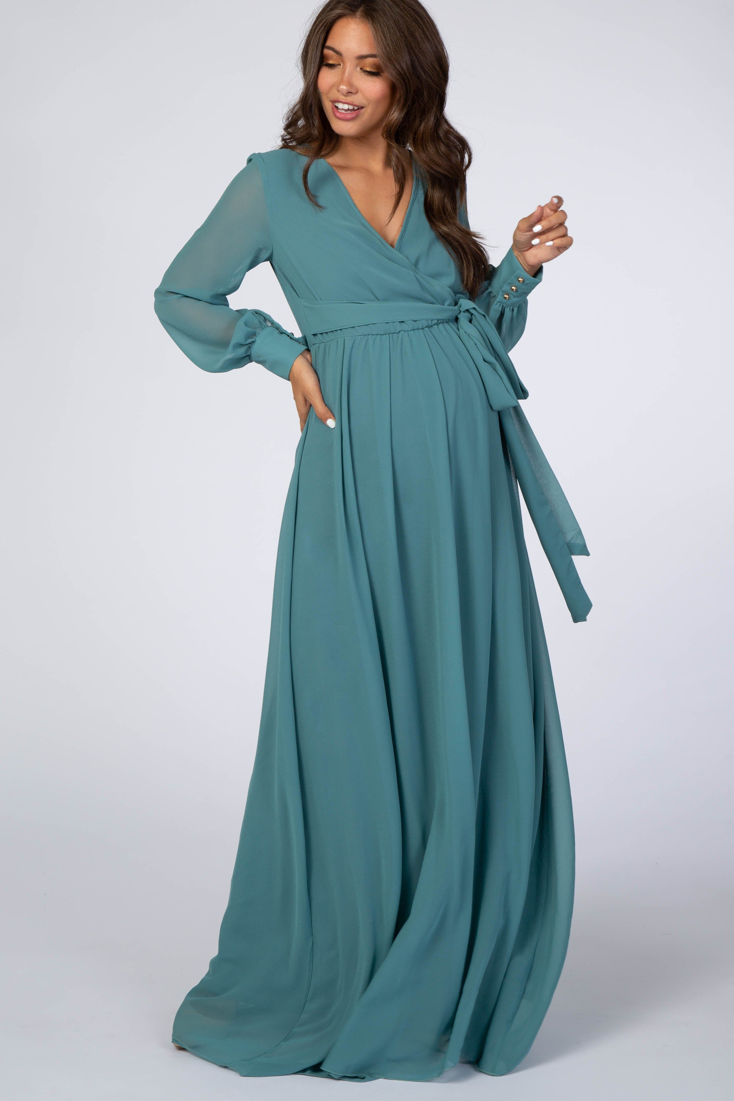 Jade Chiffon Long Sleeve Maternity Maxi Dress sold by Pinkblush