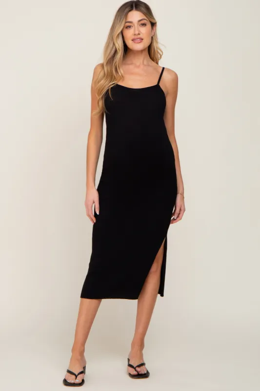 Black Ribbed Knit Side Slit Maternity Midi Dress sold by Pinkblush