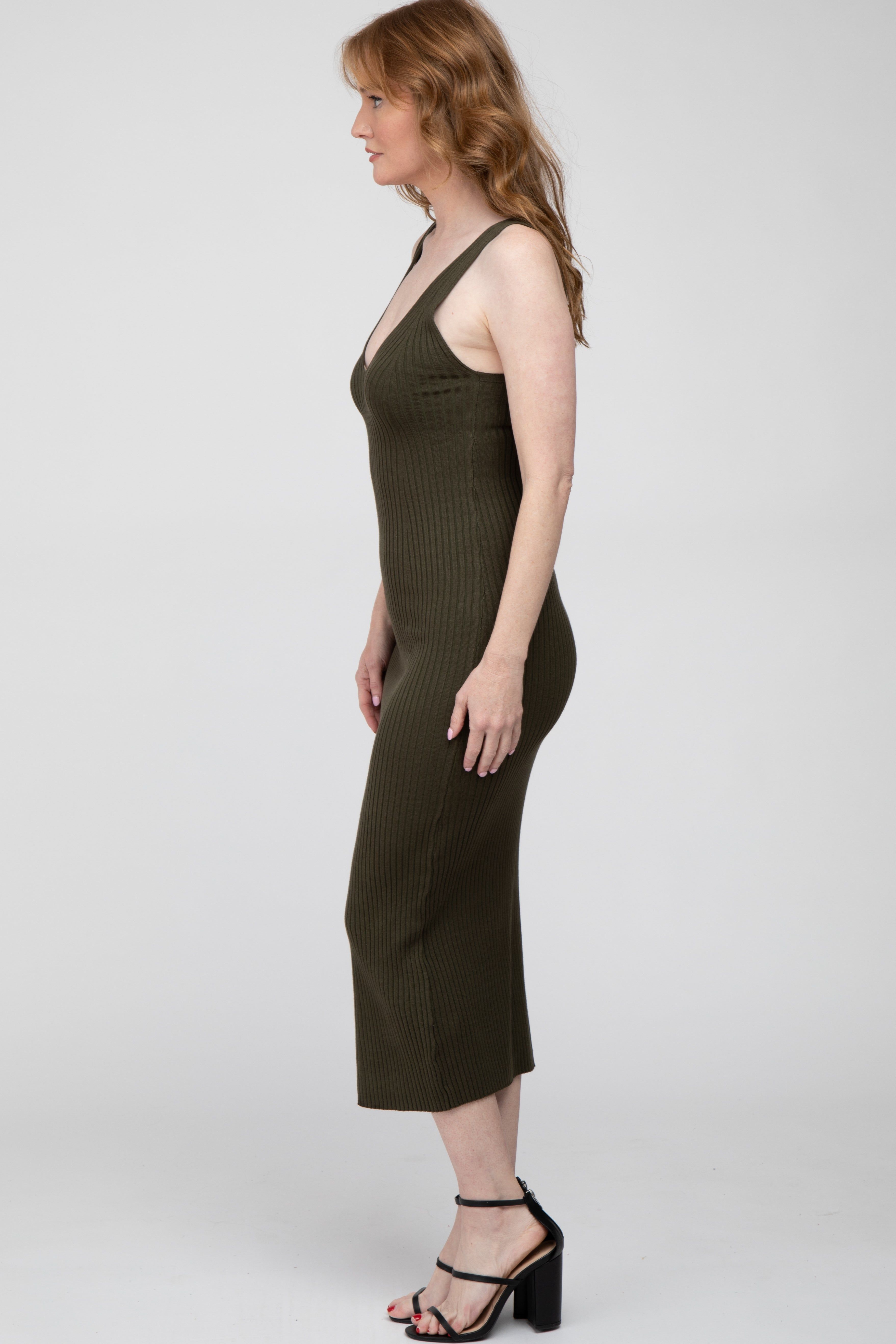 Olive Ribbed Sleeveless Knit Midi Dress sold by Pinkblush product image thumbnail 2