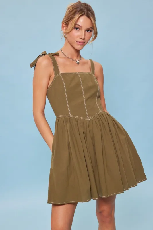 Olive Ribbon Shoulder Ties Mini Dress sold by Pinkblush