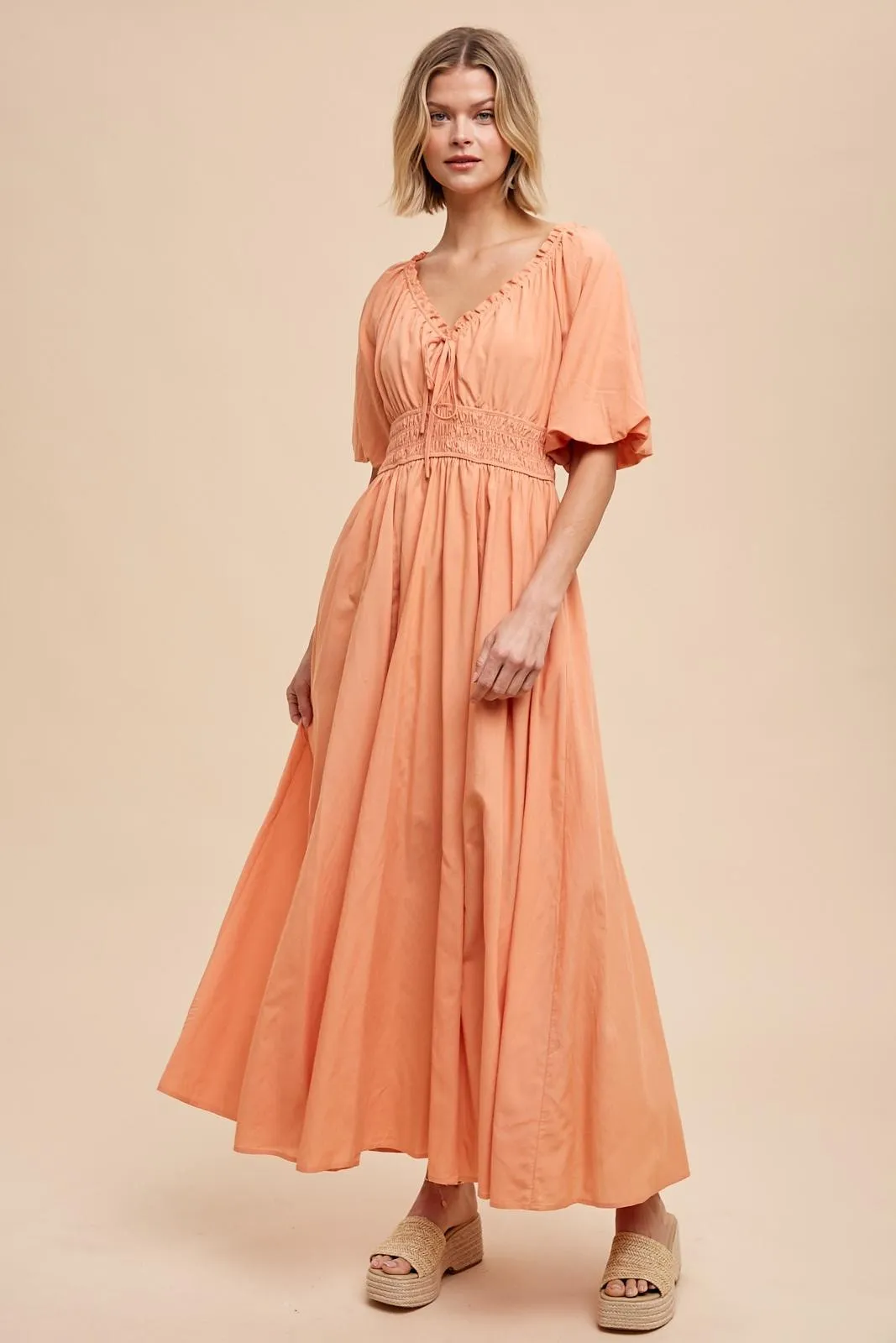 Peach Smocked Puff Sleeve Maxi Dress sold by Pinkblush product image thumbnail 2