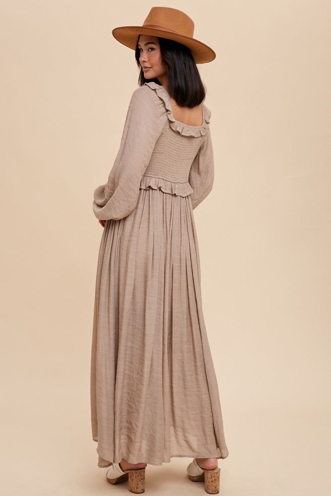 Taupe Long Sleeve Ruffle Accent Maxi Dress sold by Pinkblush product image thumbnail 4