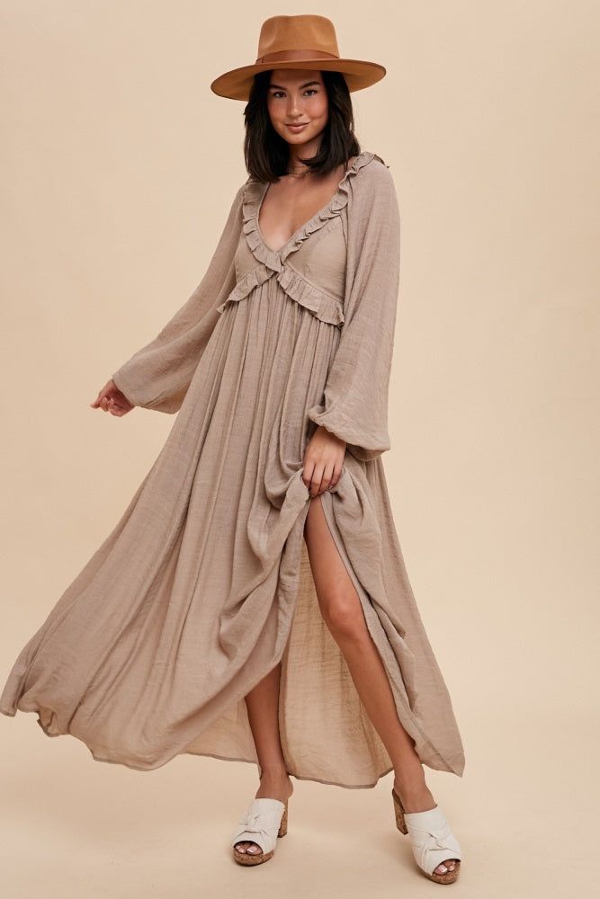 Taupe Long Sleeve Ruffle Accent Maxi Dress sold by Pinkblush