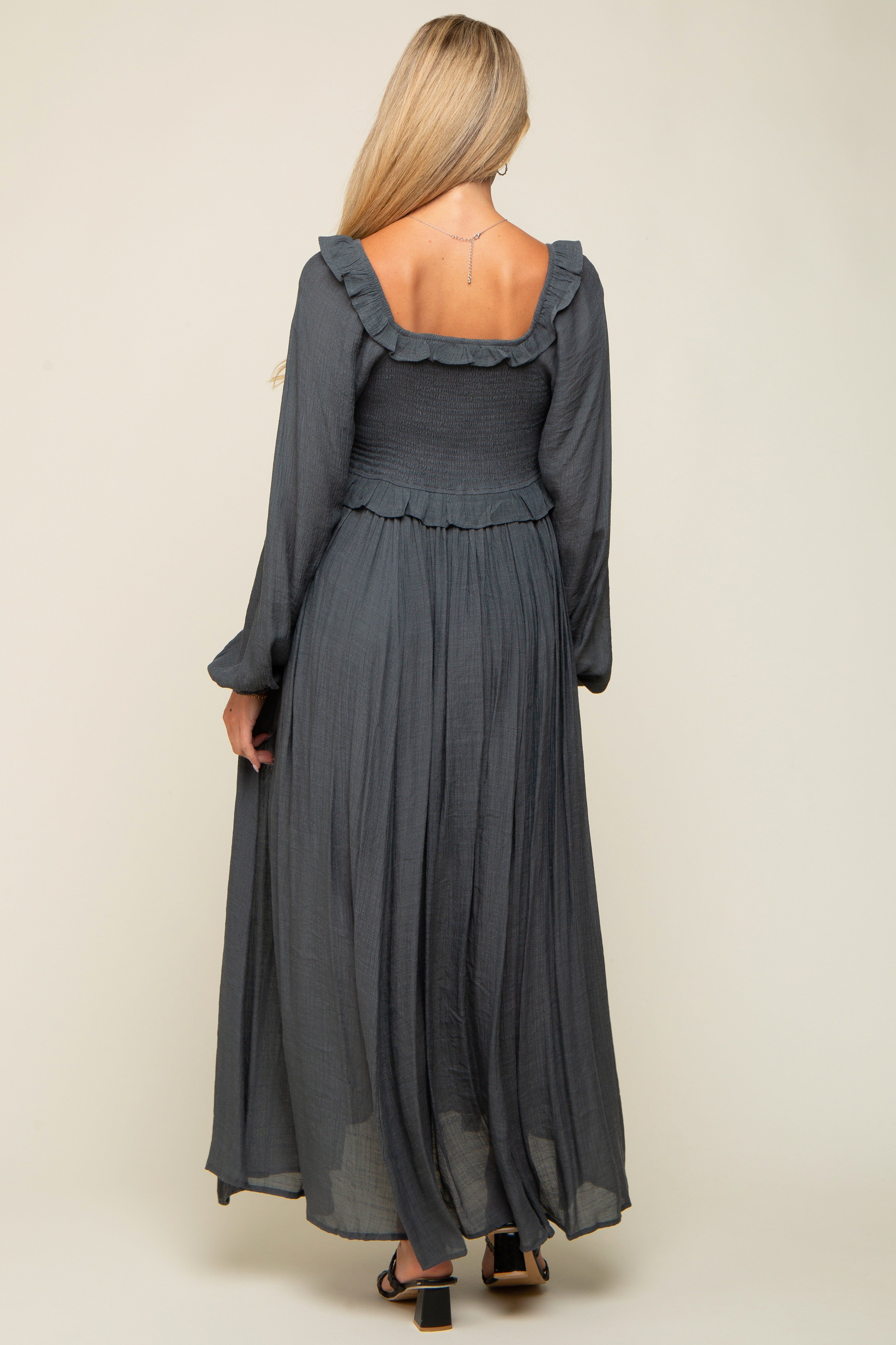 Charcoal Long Sleeve Ruffle Accent Maternity Maxi Dress sold by Pinkblush product image thumbnail 3