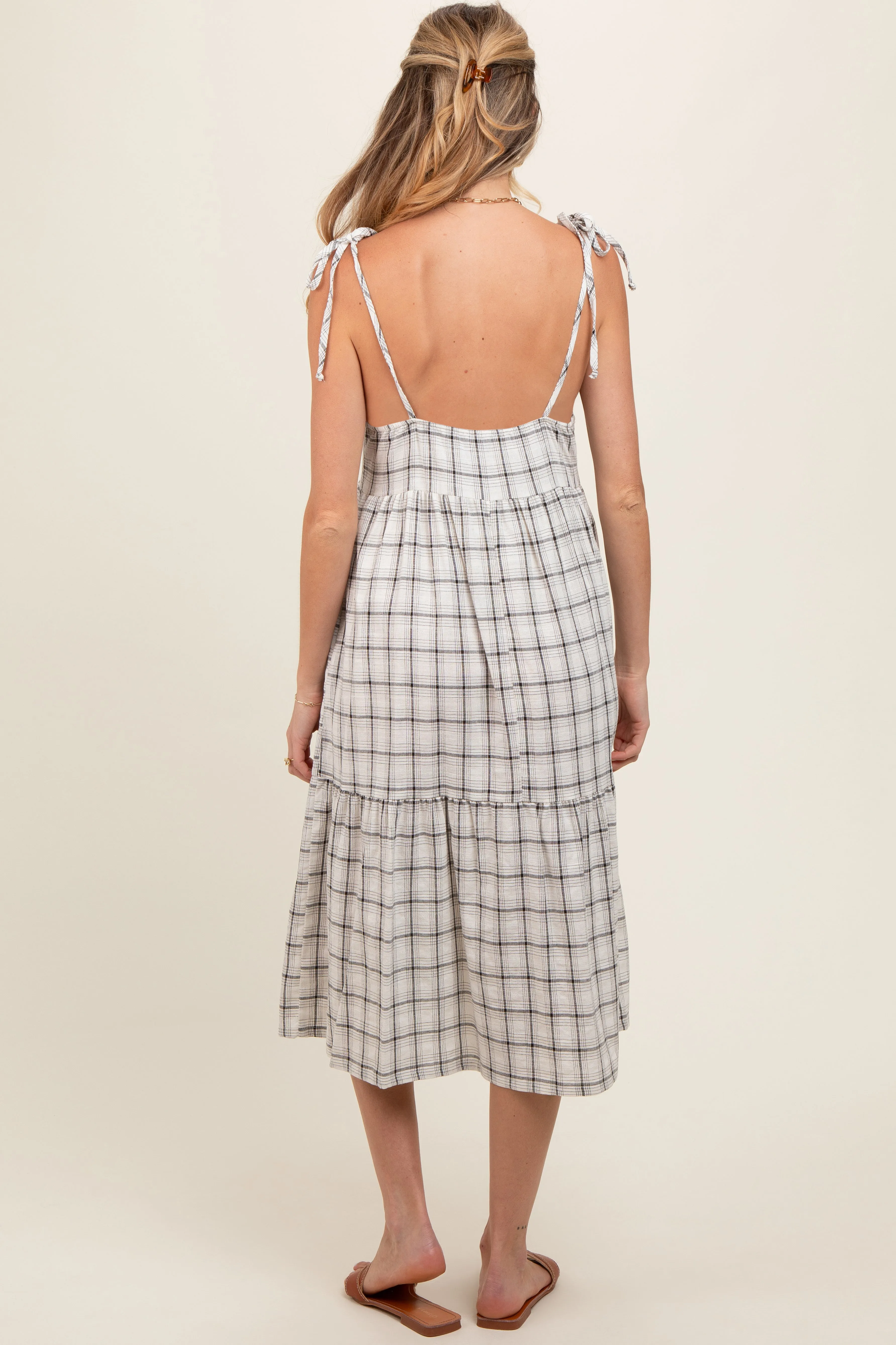 Ivory Plaid Shoulder Tie Maternity Midi Dress sold by Pinkblush product image thumbnail 4