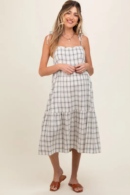 Ivory Plaid Shoulder Tie Maternity Midi Dress sold by Pinkblush