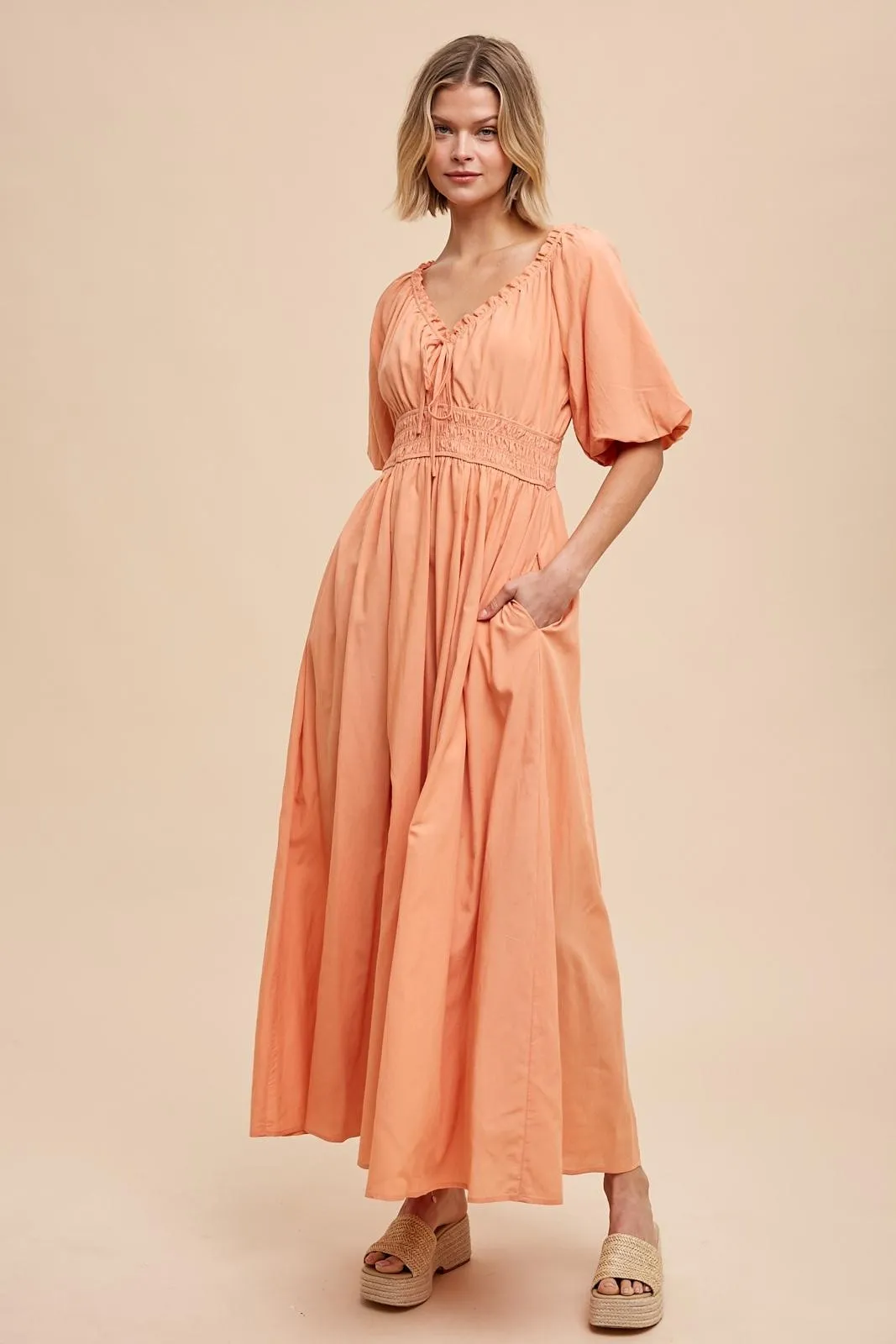 Peach Smocked Puff Sleeve Maxi Dress sold by Pinkblush product image thumbnail 3
