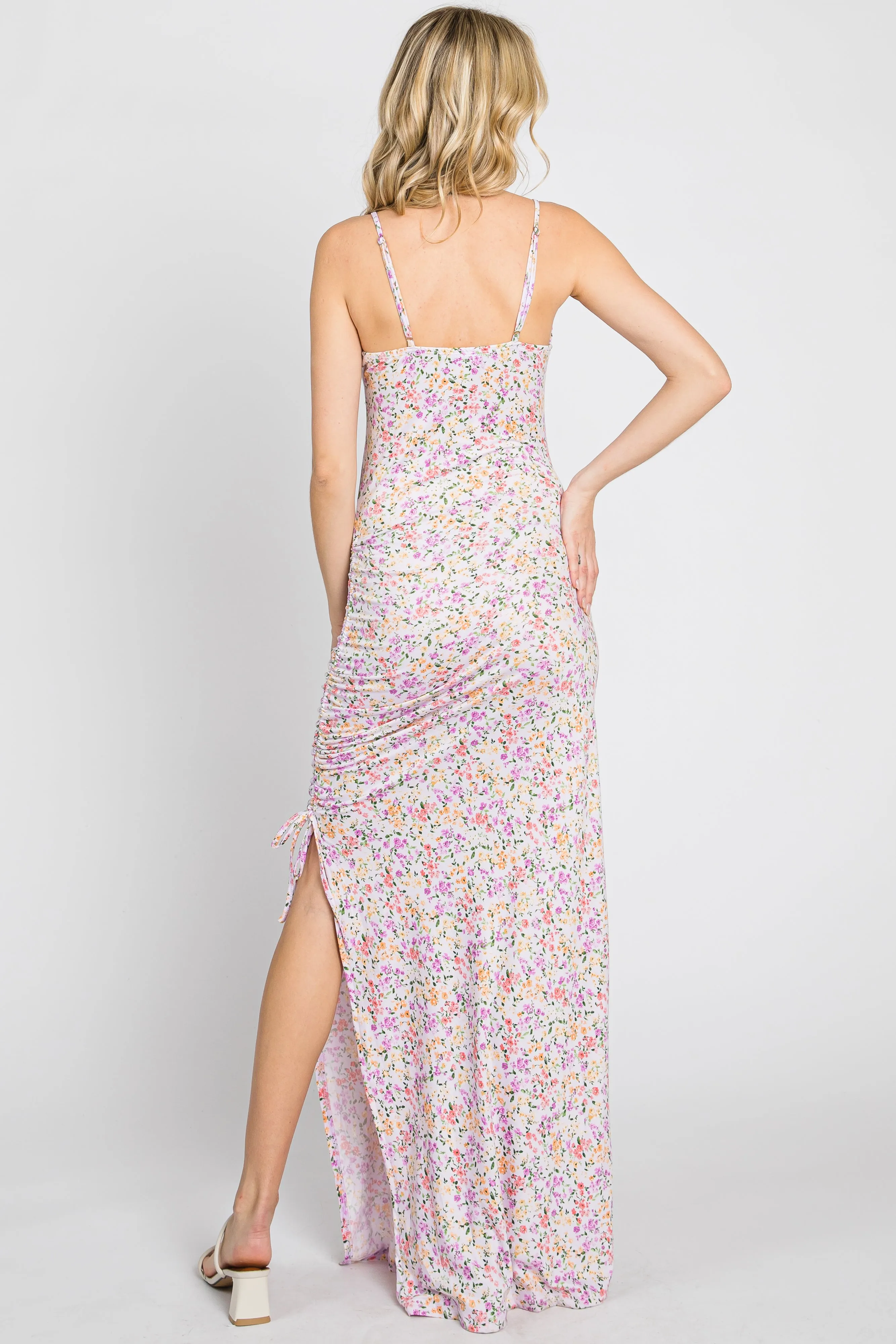 Lavender Floral Side Slit Ruched Maxi Dress sold by Pinkblush product image thumbnail 4