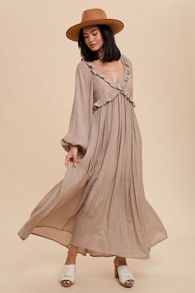 Taupe Long Sleeve Ruffle Accent Maxi Dress sold by Pinkblush product image thumbnail 2