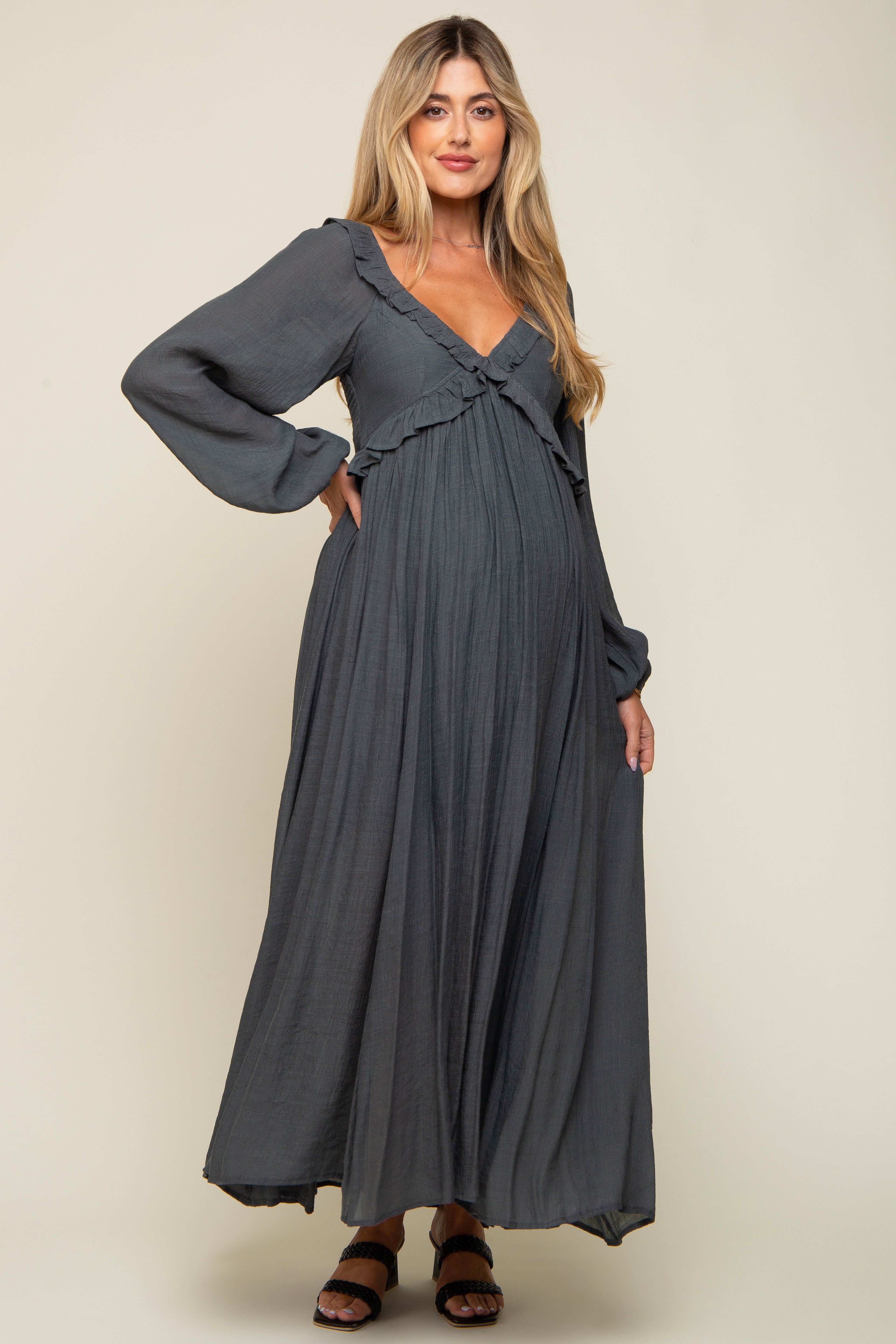 Charcoal Long Sleeve Ruffle Accent Maternity Maxi Dress sold by Pinkblush product image thumbnail 4