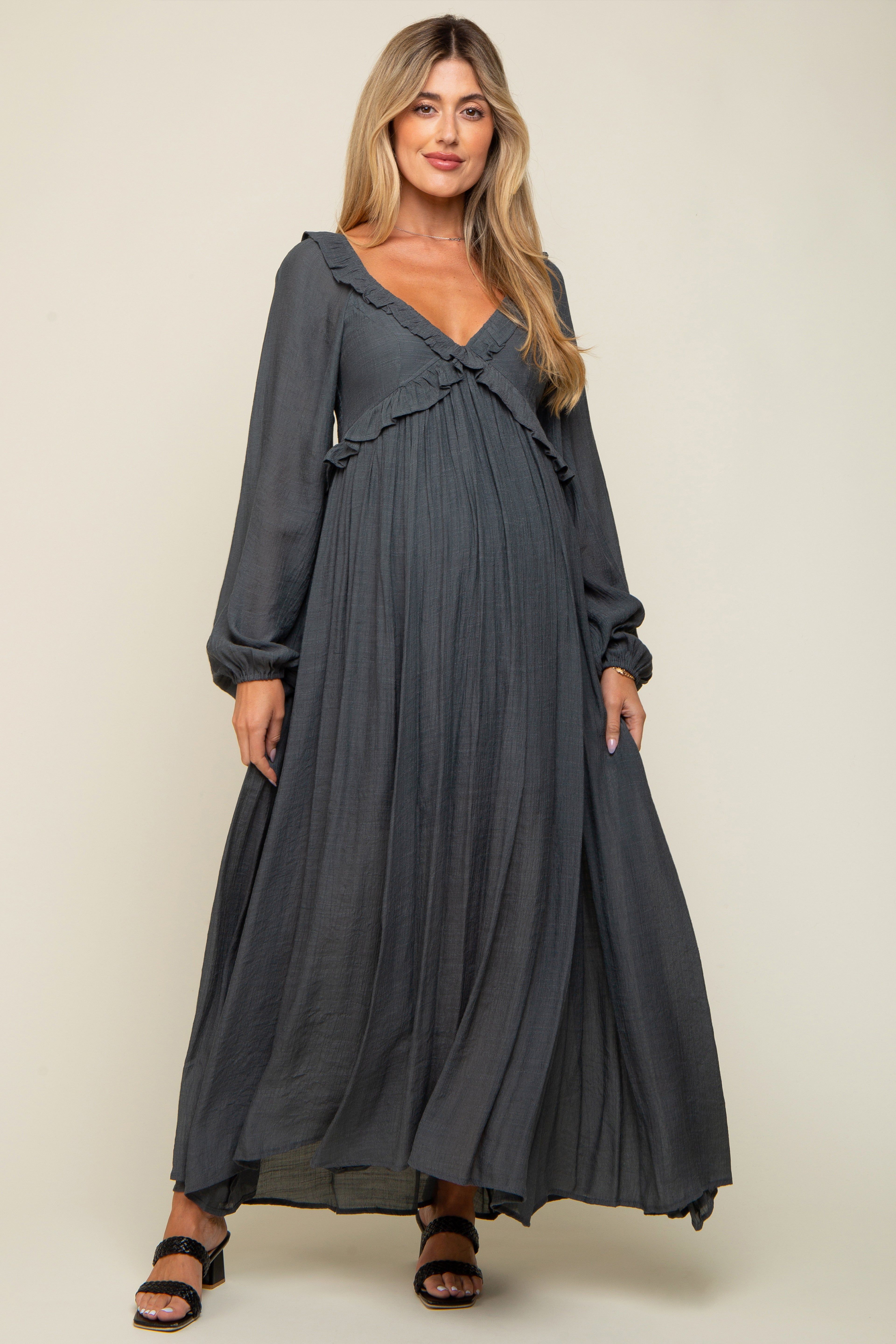 Charcoal Long Sleeve Ruffle Accent Maternity Maxi Dress sold by Pinkblush