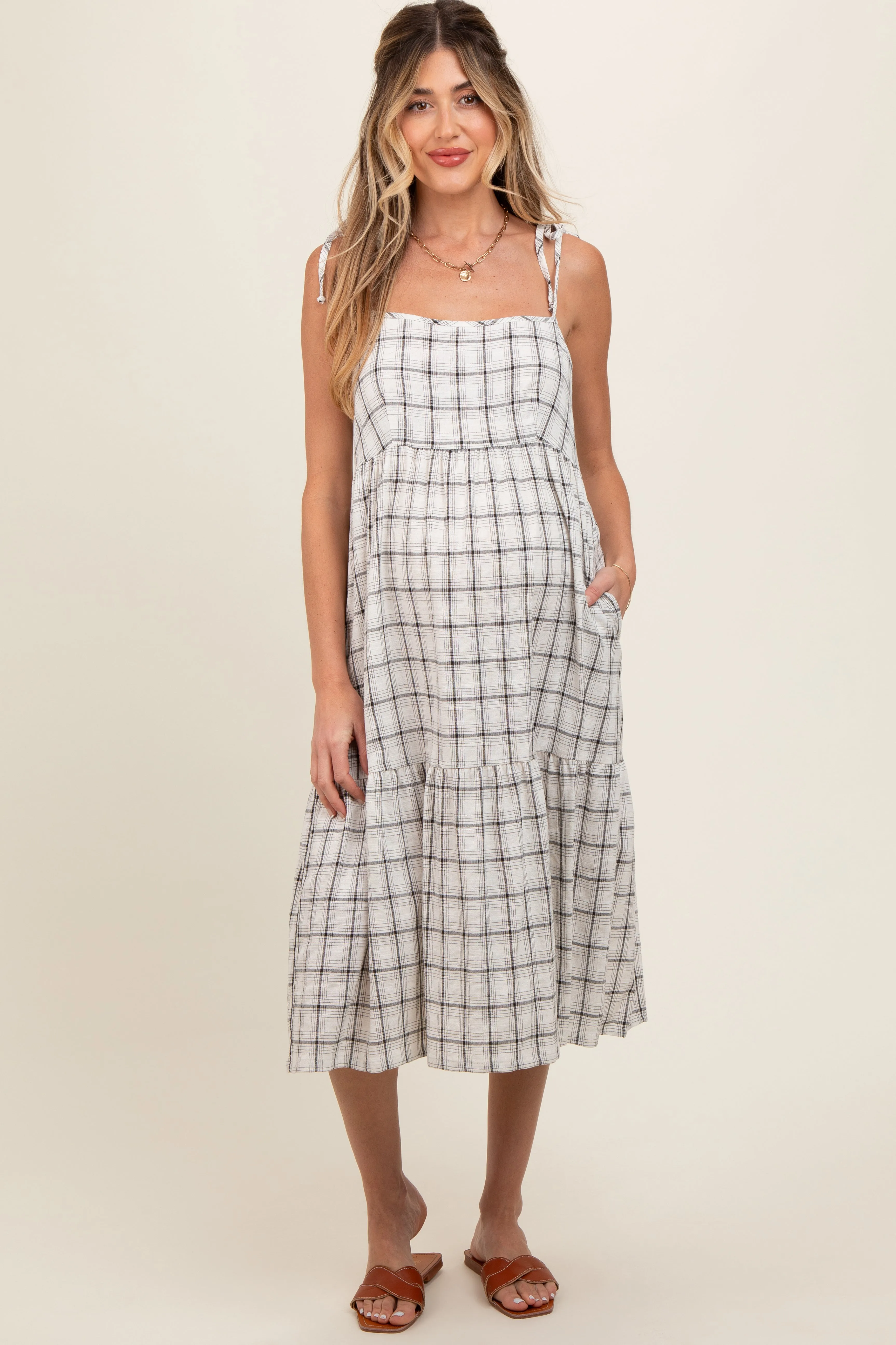 Ivory Plaid Shoulder Tie Maternity Midi Dress sold by Pinkblush product image thumbnail 2