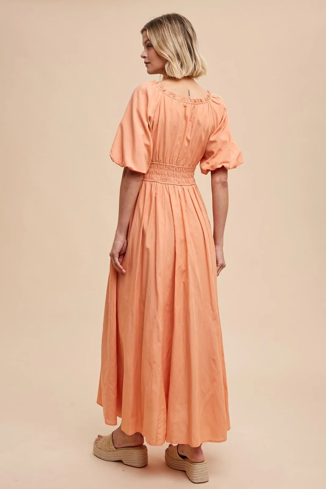 Peach Smocked Puff Sleeve Maxi Dress sold by Pinkblush product image thumbnail 4