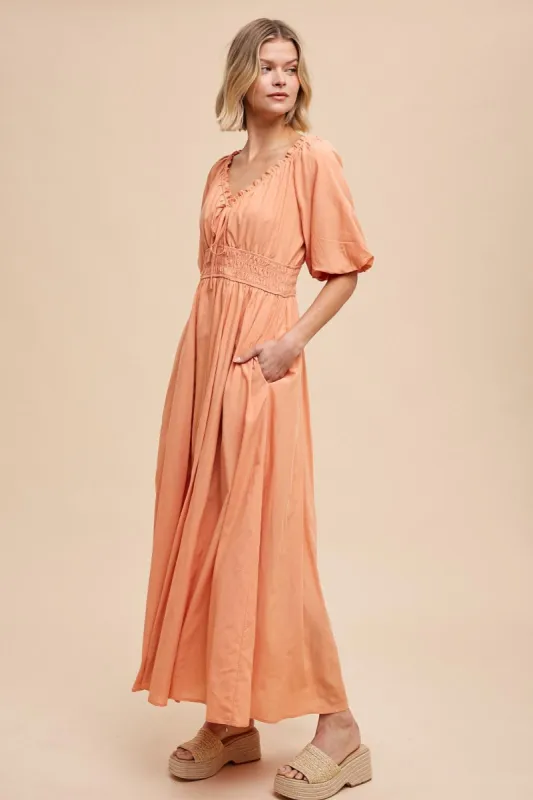 Peach Smocked Puff Sleeve Maxi Dress sold by Pinkblush